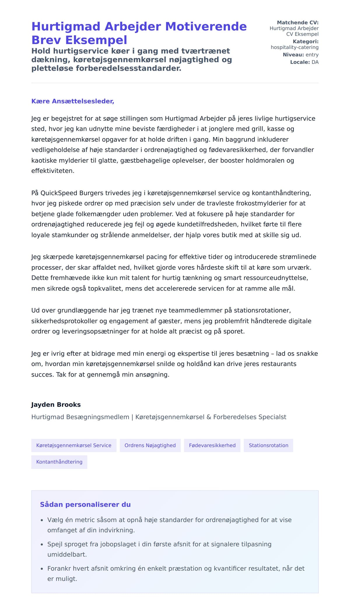 Ansøgningsbrev forhåndsvisning for Hurtigmad Arbejder Motiverende Brev Eksempel