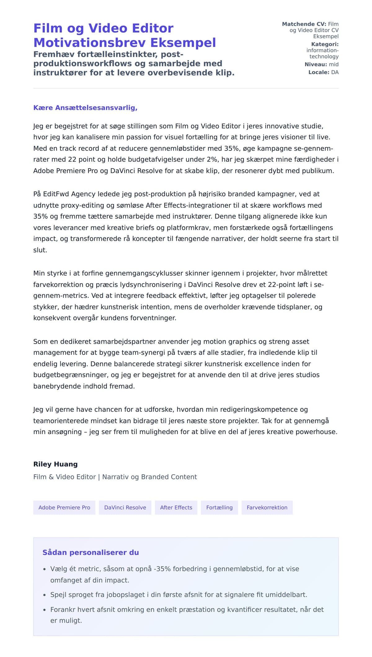 Ansøgningsbrev forhåndsvisning for Film og Video Editor Motivationsbrev Eksempel