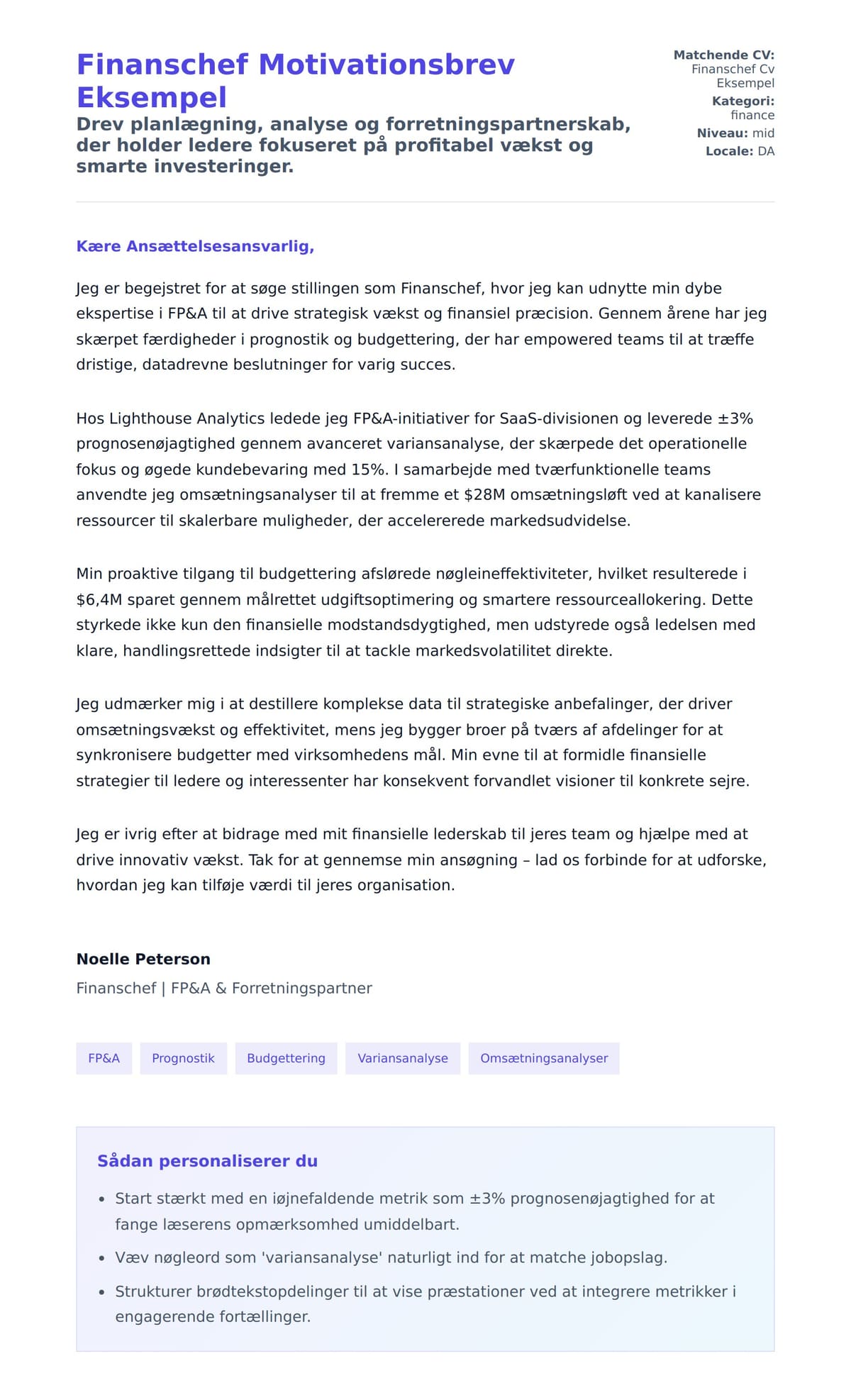 Ansøgningsbrev forhåndsvisning for Finanschef Motivationsbrev Eksempel