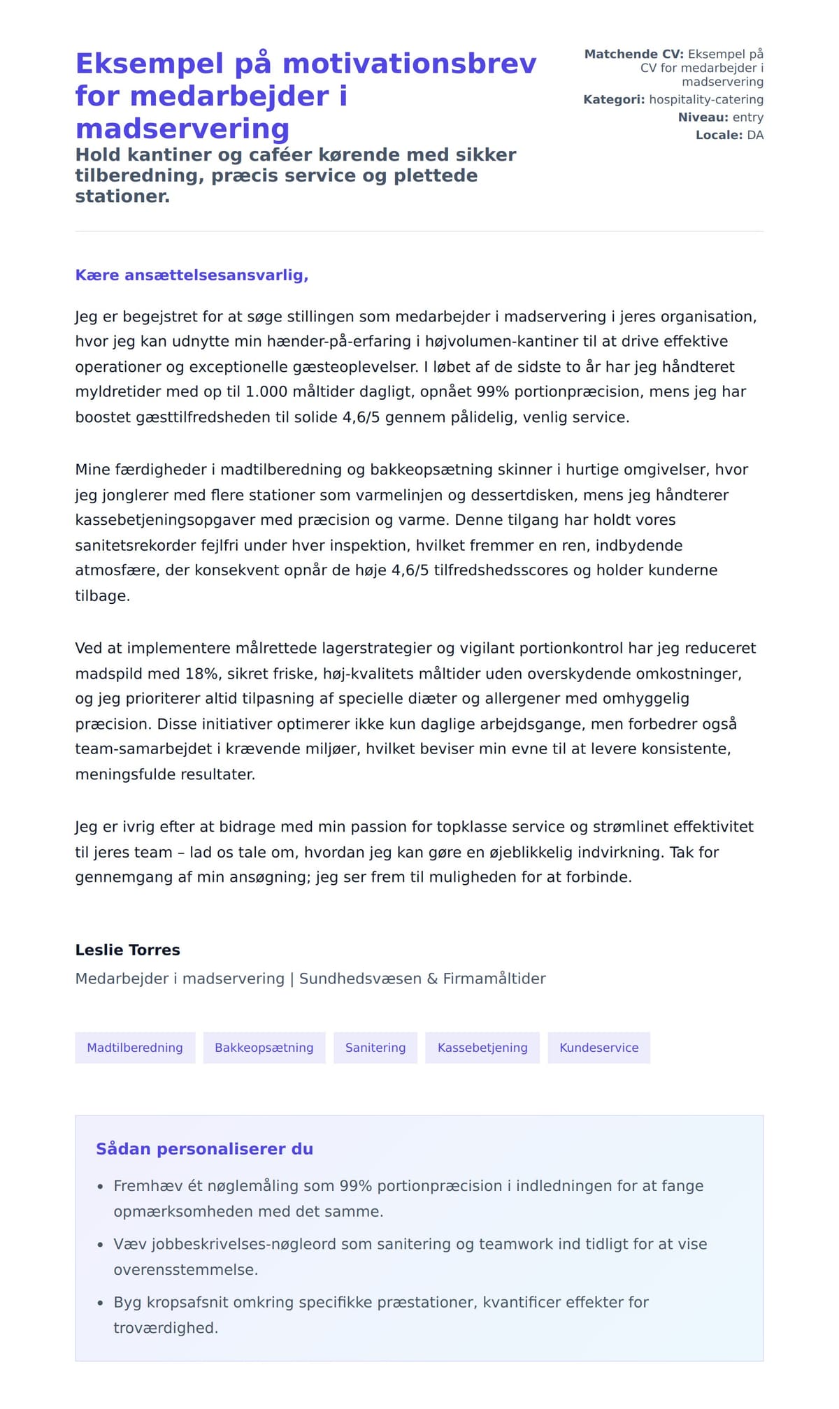 Ansøgningsbrev forhåndsvisning for Eksempel på motivationsbrev for medarbejder i madservering