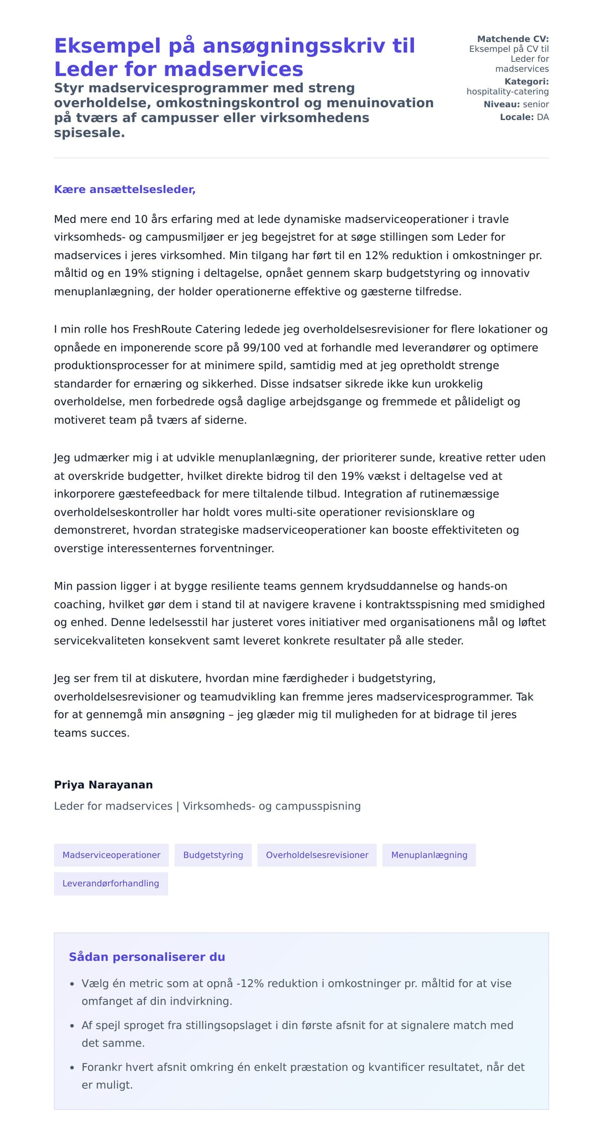 Ansøgningsbrev forhåndsvisning for Eksempel på ansøgningsskriv til Leder for madservices