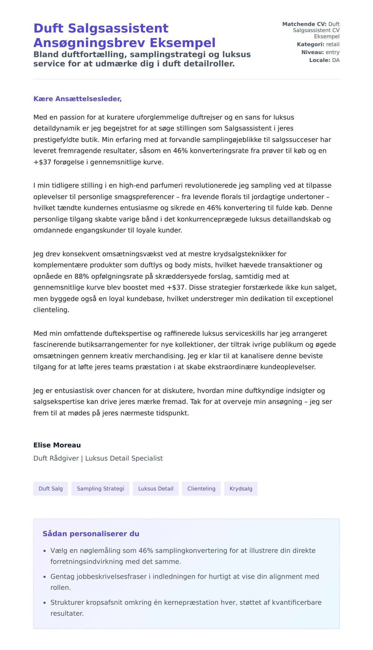 Ansøgningsbrev forhåndsvisning for Duft Salgsassistent Ansøgningsbrev Eksempel