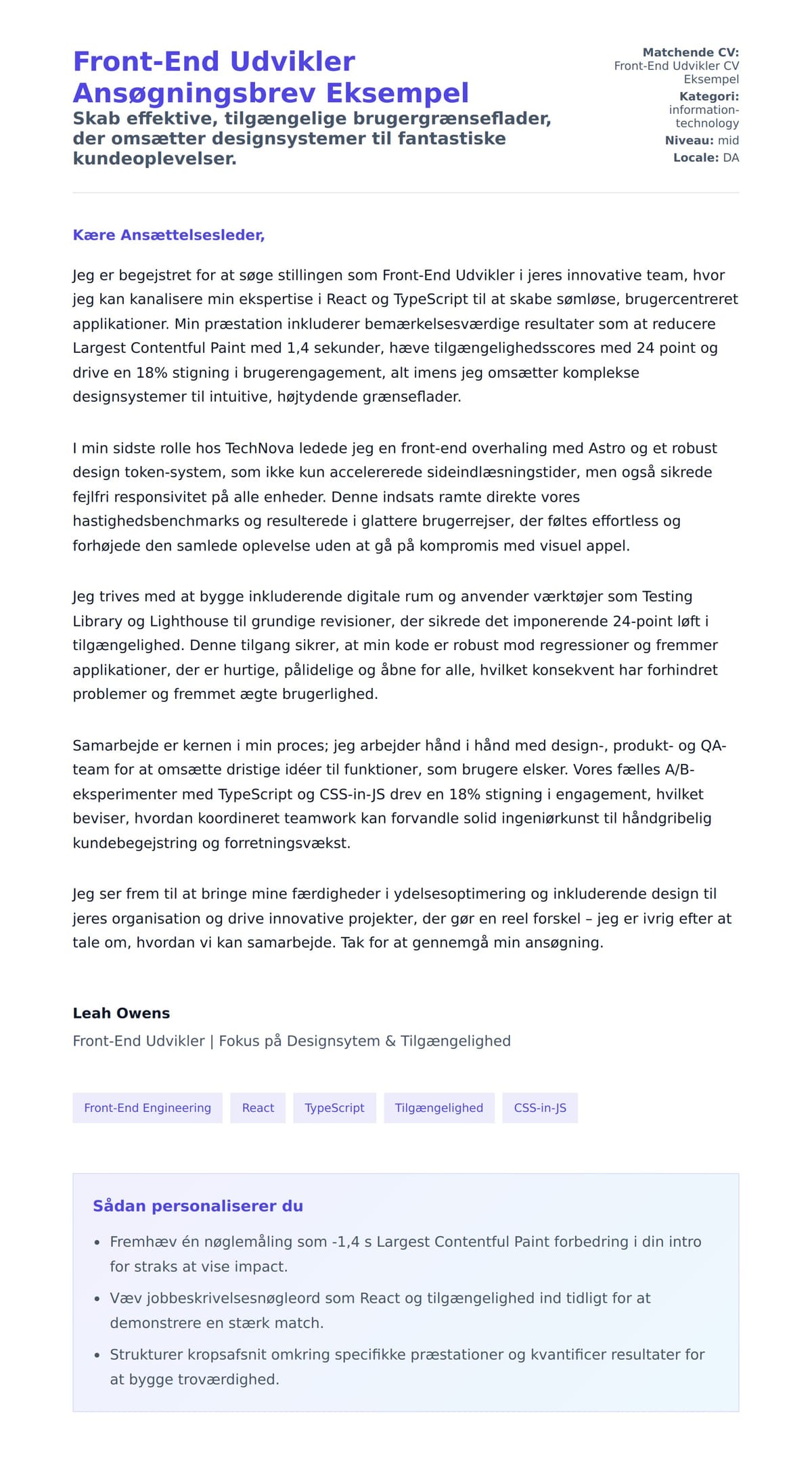 Ansøgningsbrev forhåndsvisning for Front-End Udvikler Ansøgningsbrev Eksempel