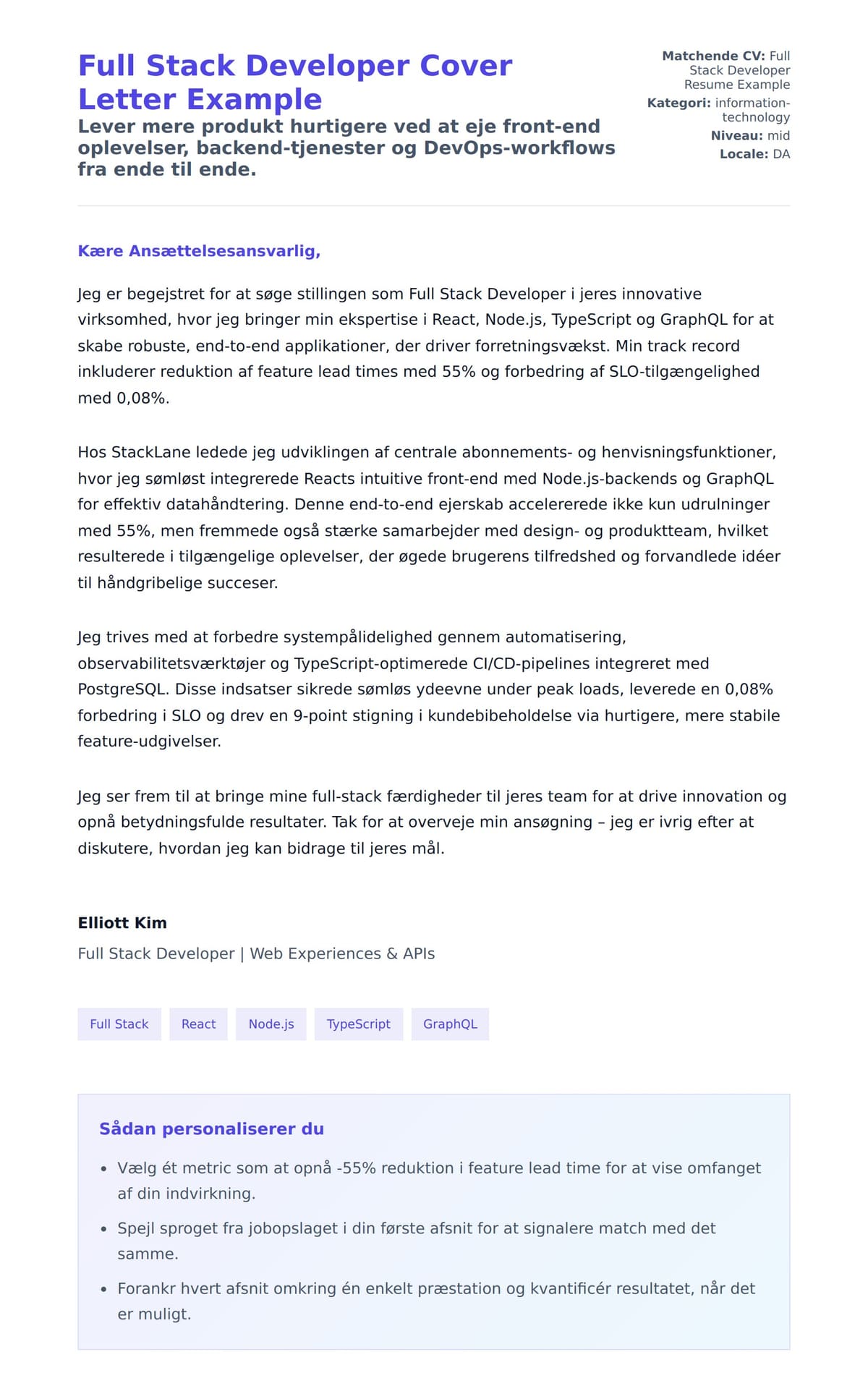 Ansøgningsbrev forhåndsvisning for Full Stack Developer Cover Letter Example