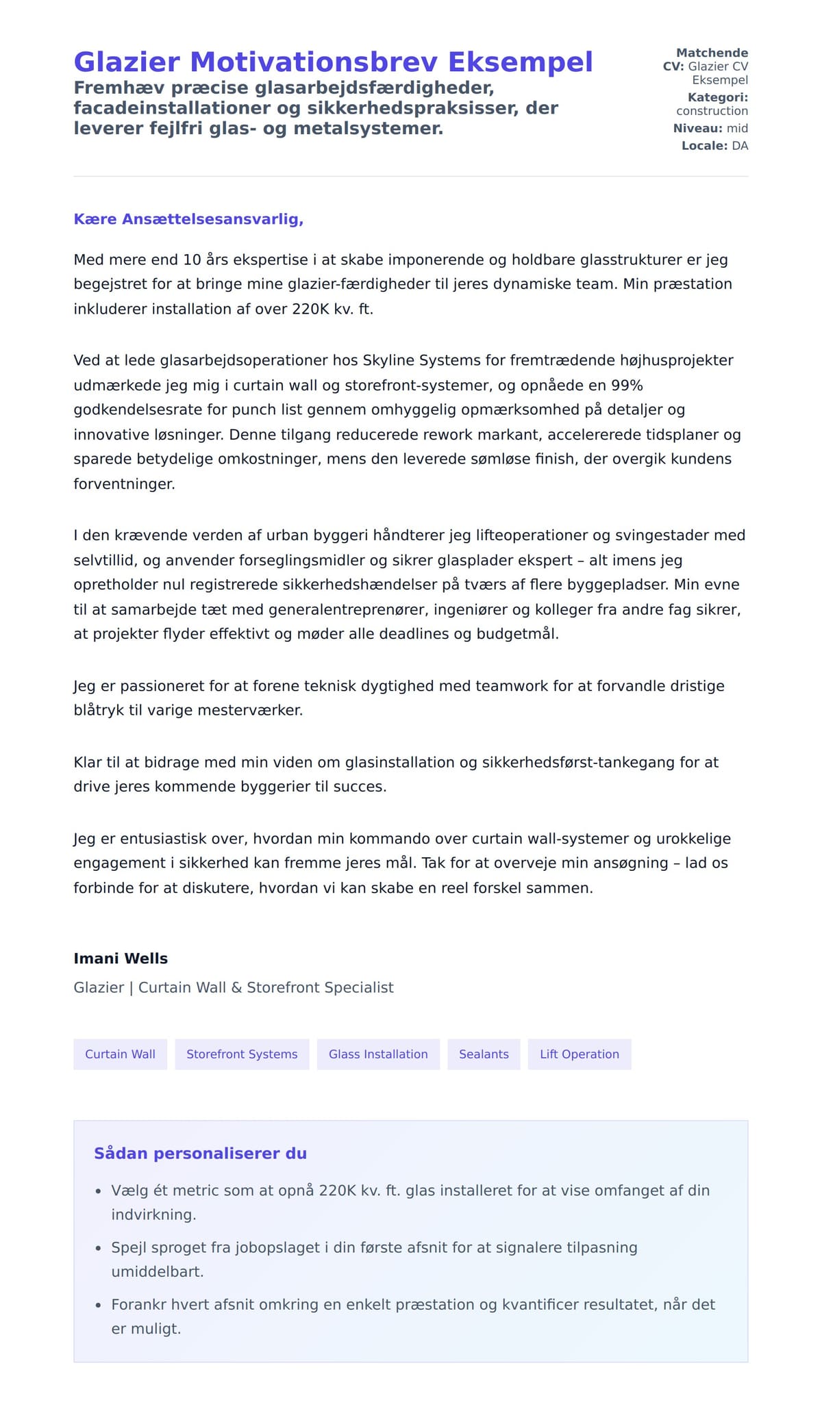 Ansøgningsbrev forhåndsvisning for Glazier Motivationsbrev Eksempel