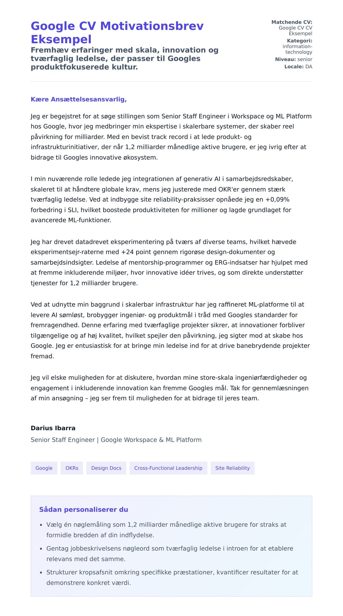 Ansøgningsbrev forhåndsvisning for Google CV Motivationsbrev Eksempel