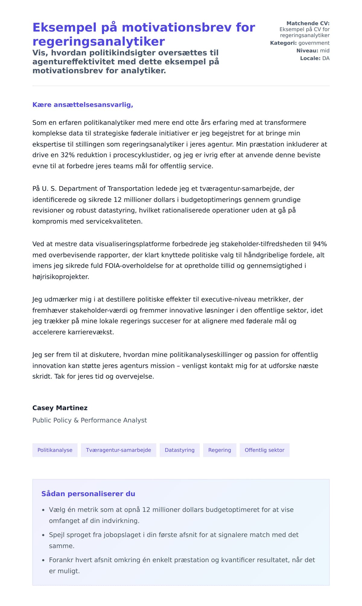 Ansøgningsbrev forhåndsvisning for Eksempel på motivationsbrev for regeringsanalytiker