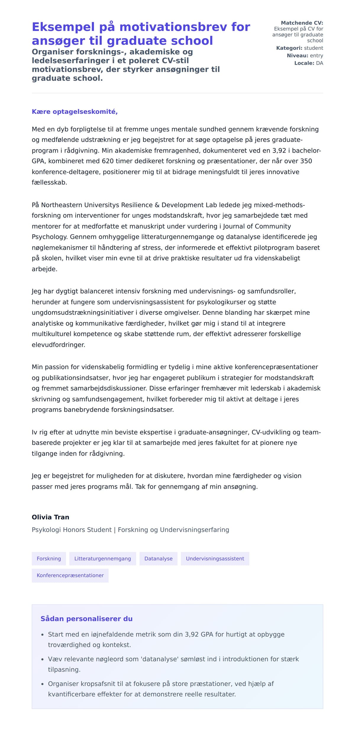 Ansøgningsbrev forhåndsvisning for Eksempel på motivationsbrev for ansøger til graduate school