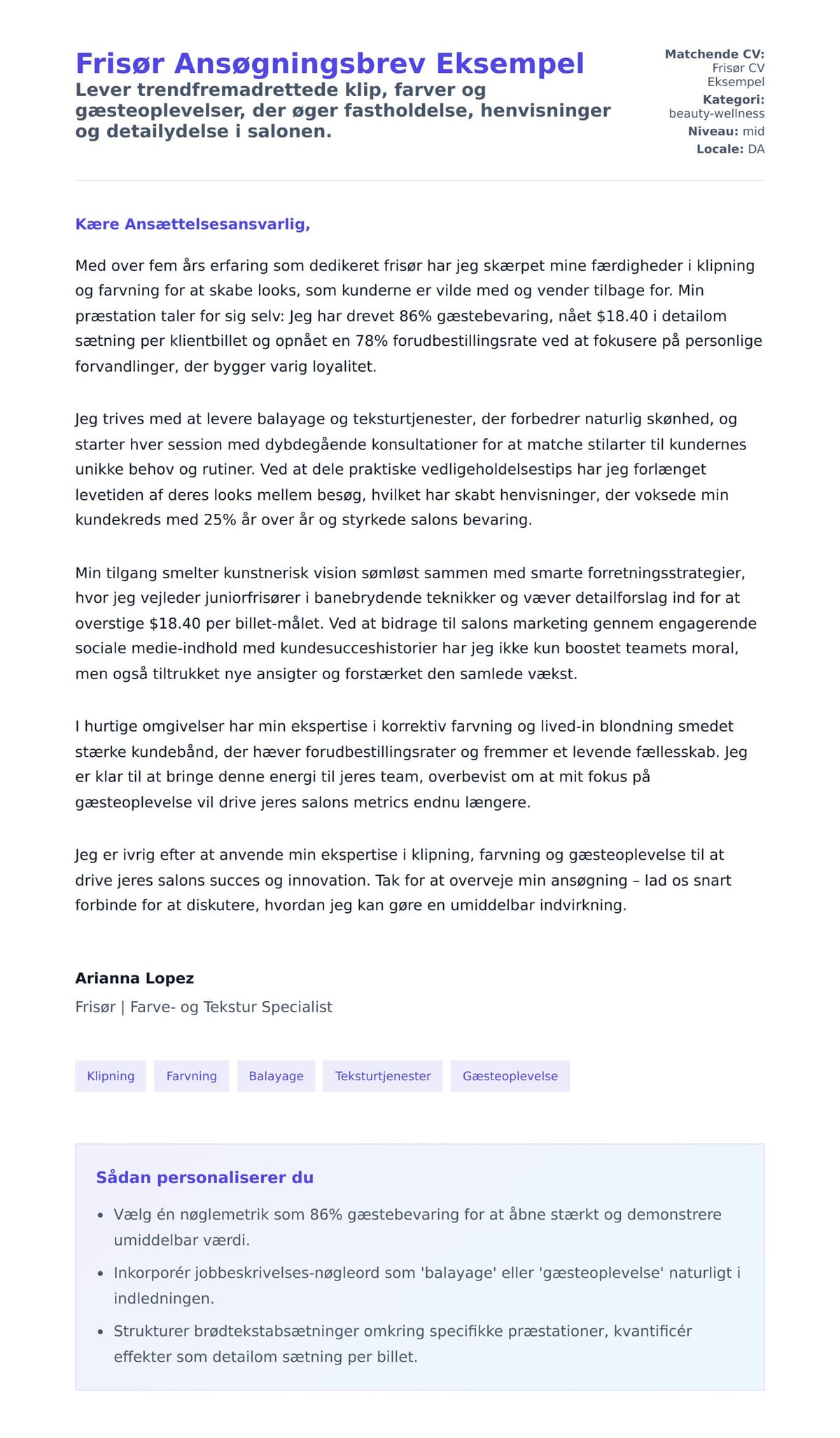 Ansøgningsbrev forhåndsvisning for Frisør Ansøgningsbrev Eksempel