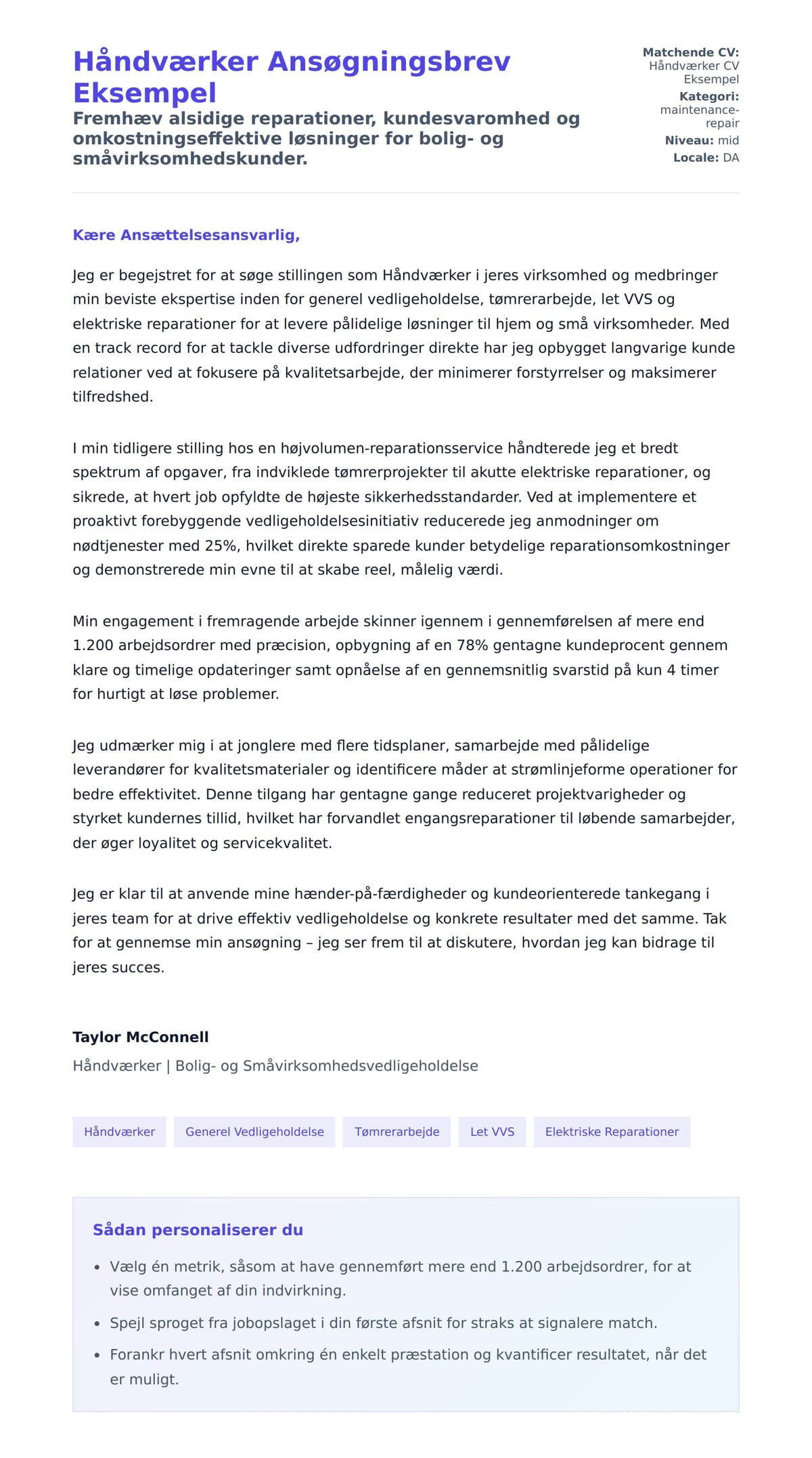 Ansøgningsbrev forhåndsvisning for Håndværker Ansøgningsbrev Eksempel