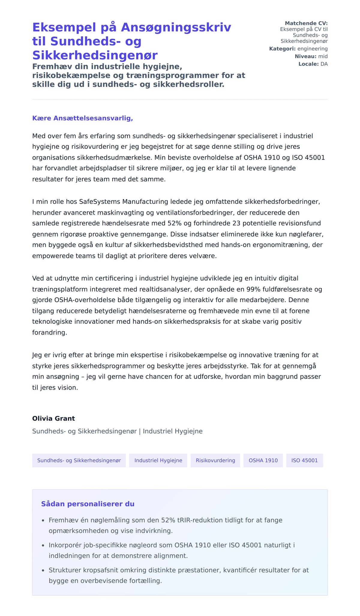 Ansøgningsbrev forhåndsvisning for Eksempel på Ansøgningsskriv til Sundheds- og Sikkerhedsingenør