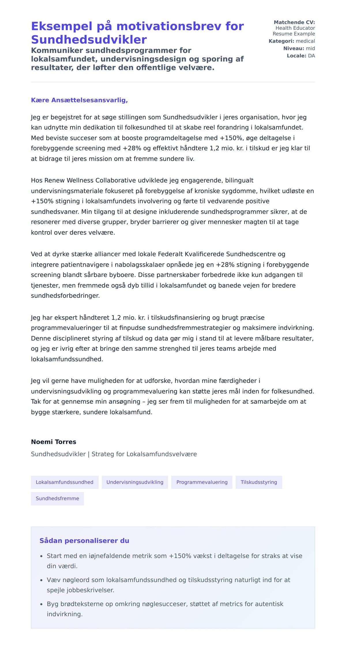 Ansøgningsbrev forhåndsvisning for Eksempel på motivationsbrev for Sundhedsudvikler