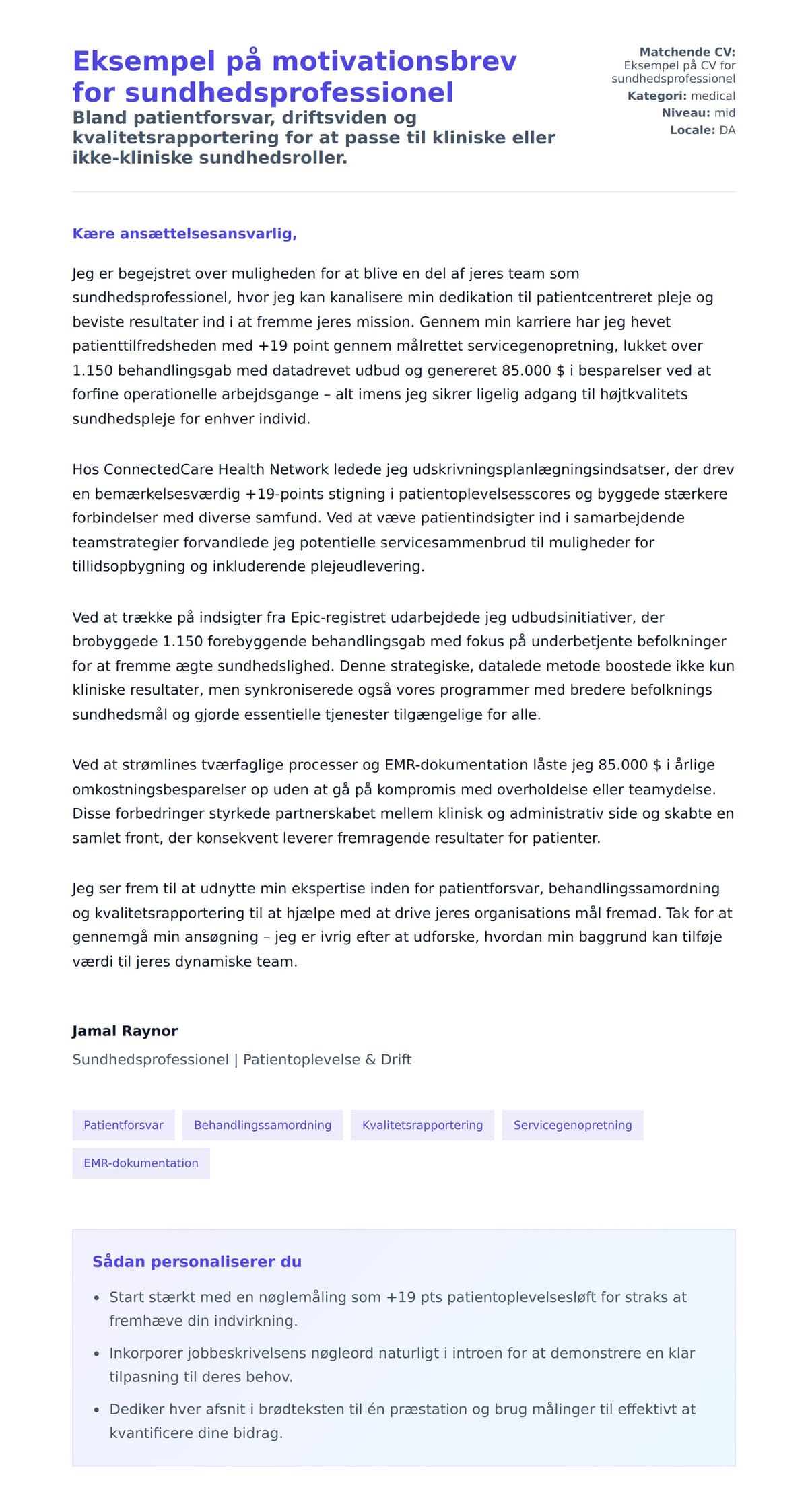 Ansøgningsbrev forhåndsvisning for Eksempel på motivationsbrev for sundhedsprofessionel