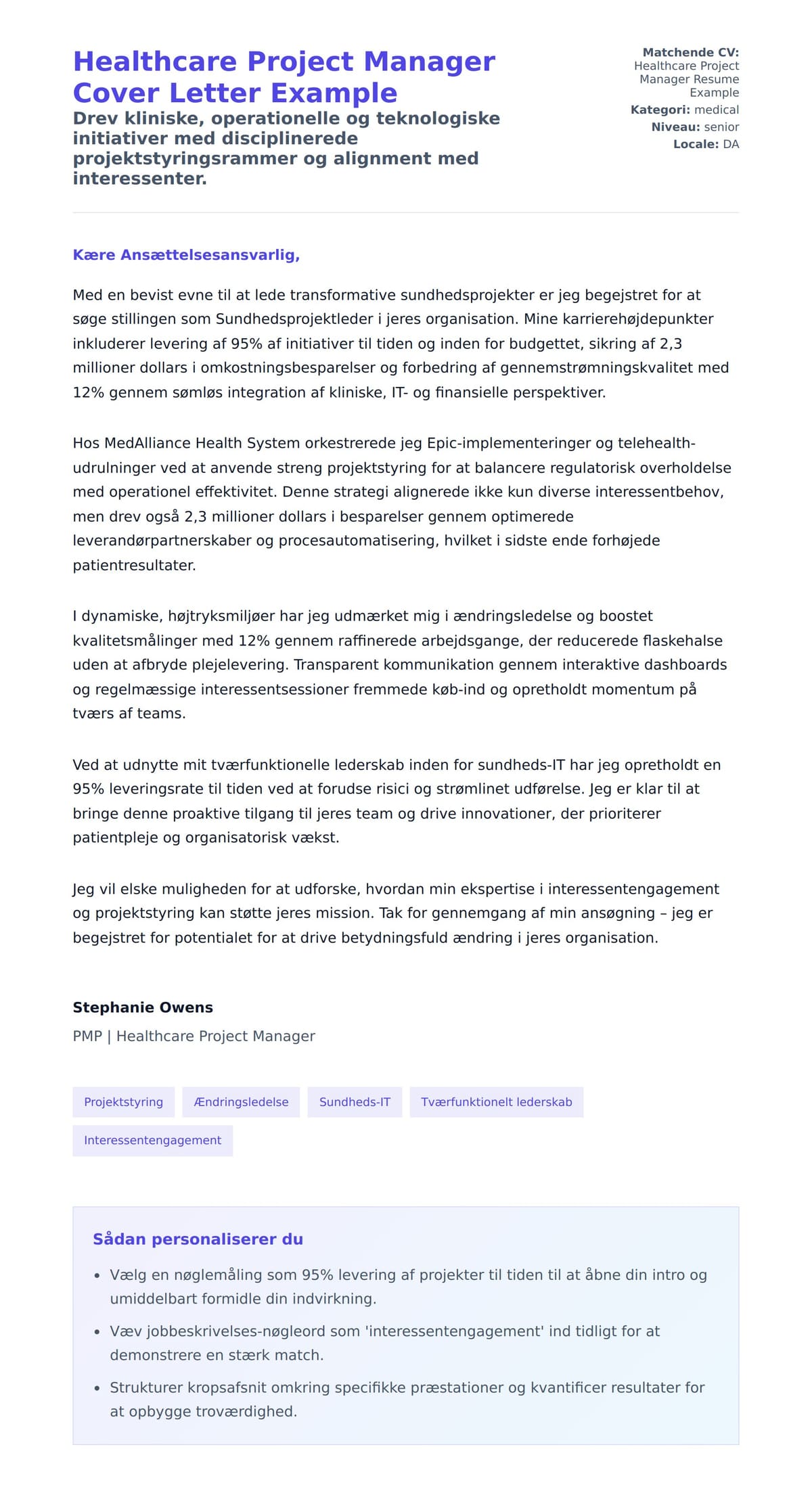 Ansøgningsbrev forhåndsvisning for Healthcare Project Manager Cover Letter Example