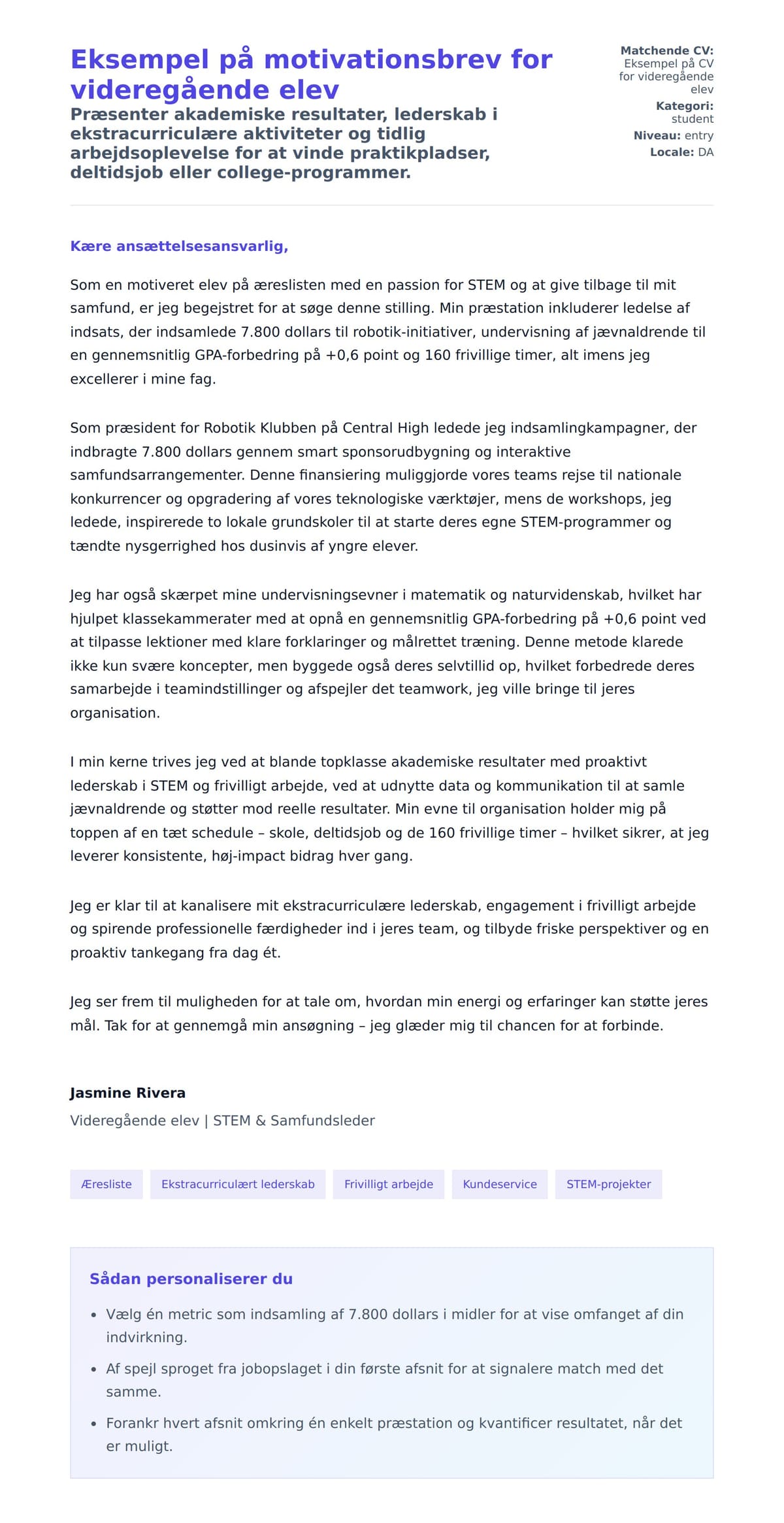 Ansøgningsbrev forhåndsvisning for Eksempel på motivationsbrev for videregående elev