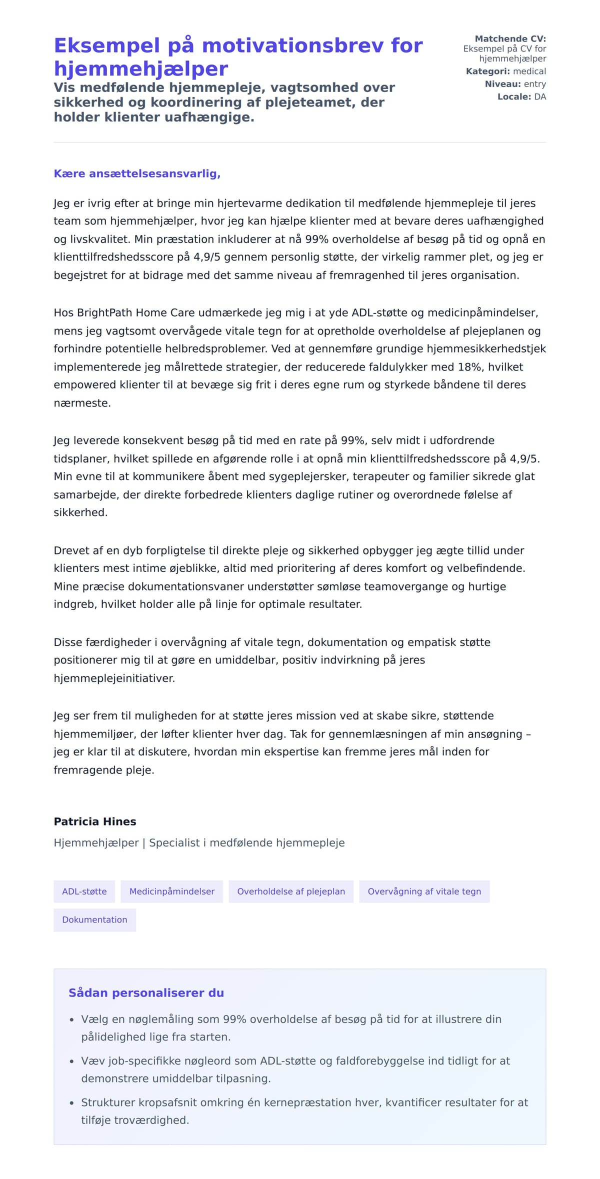 Ansøgningsbrev forhåndsvisning for Eksempel på motivationsbrev for hjemmehjælper