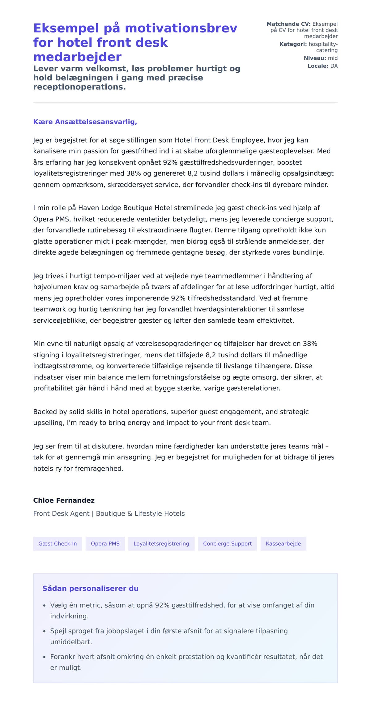 Ansøgningsbrev forhåndsvisning for Eksempel på motivationsbrev for hotel front desk medarbejder