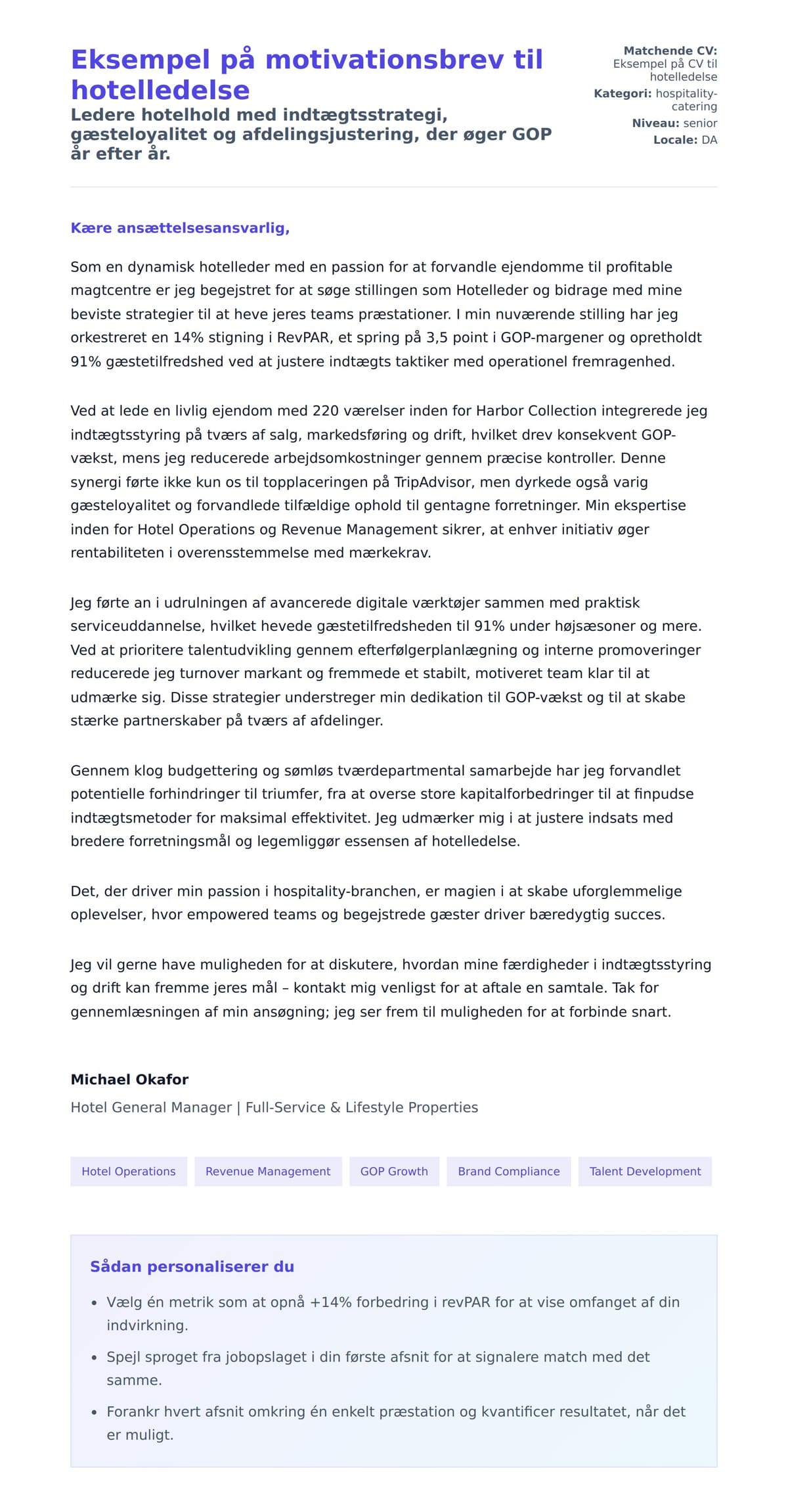 Ansøgningsbrev forhåndsvisning for Eksempel på motivationsbrev til hotelledelse