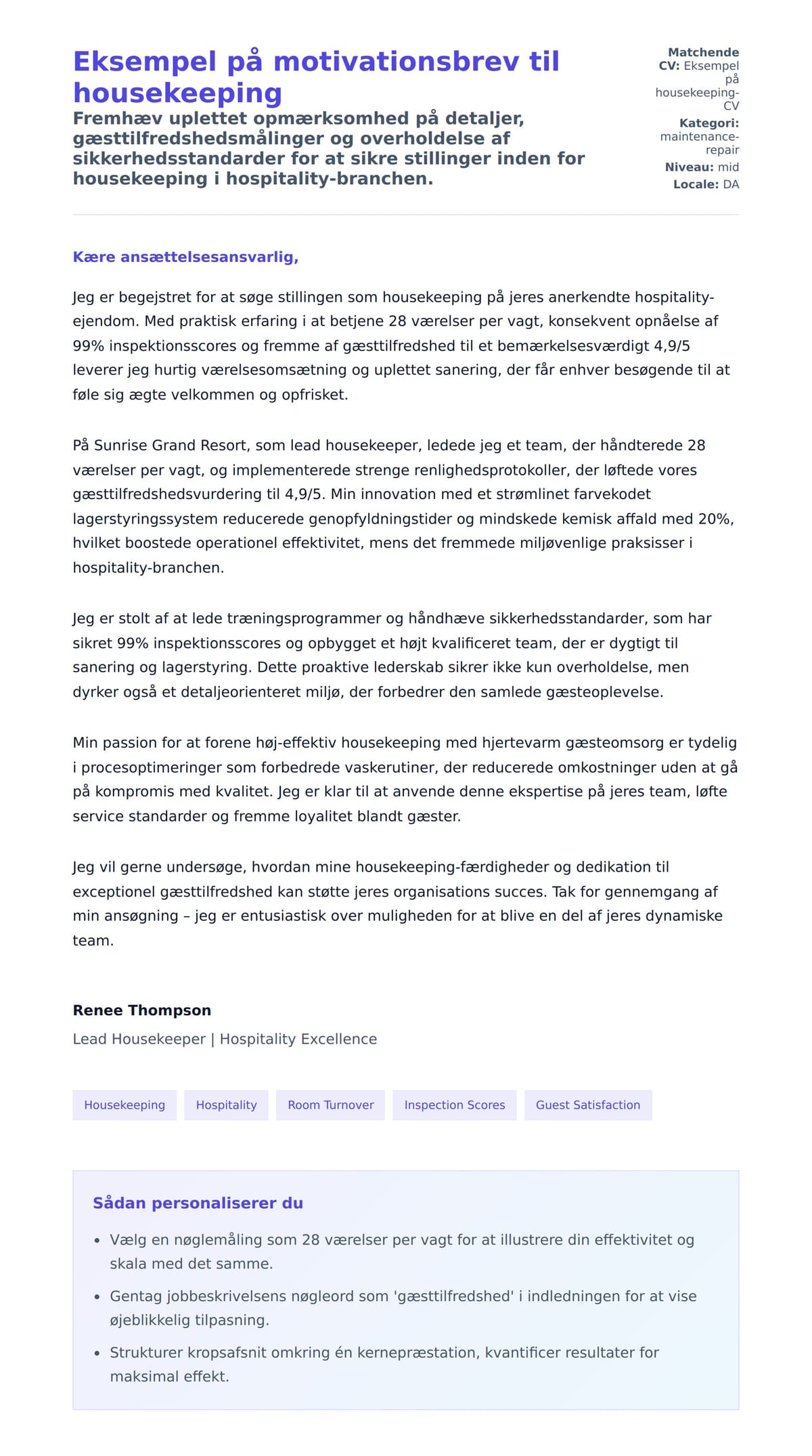 Ansøgningsbrev forhåndsvisning for Eksempel på motivationsbrev til housekeeping