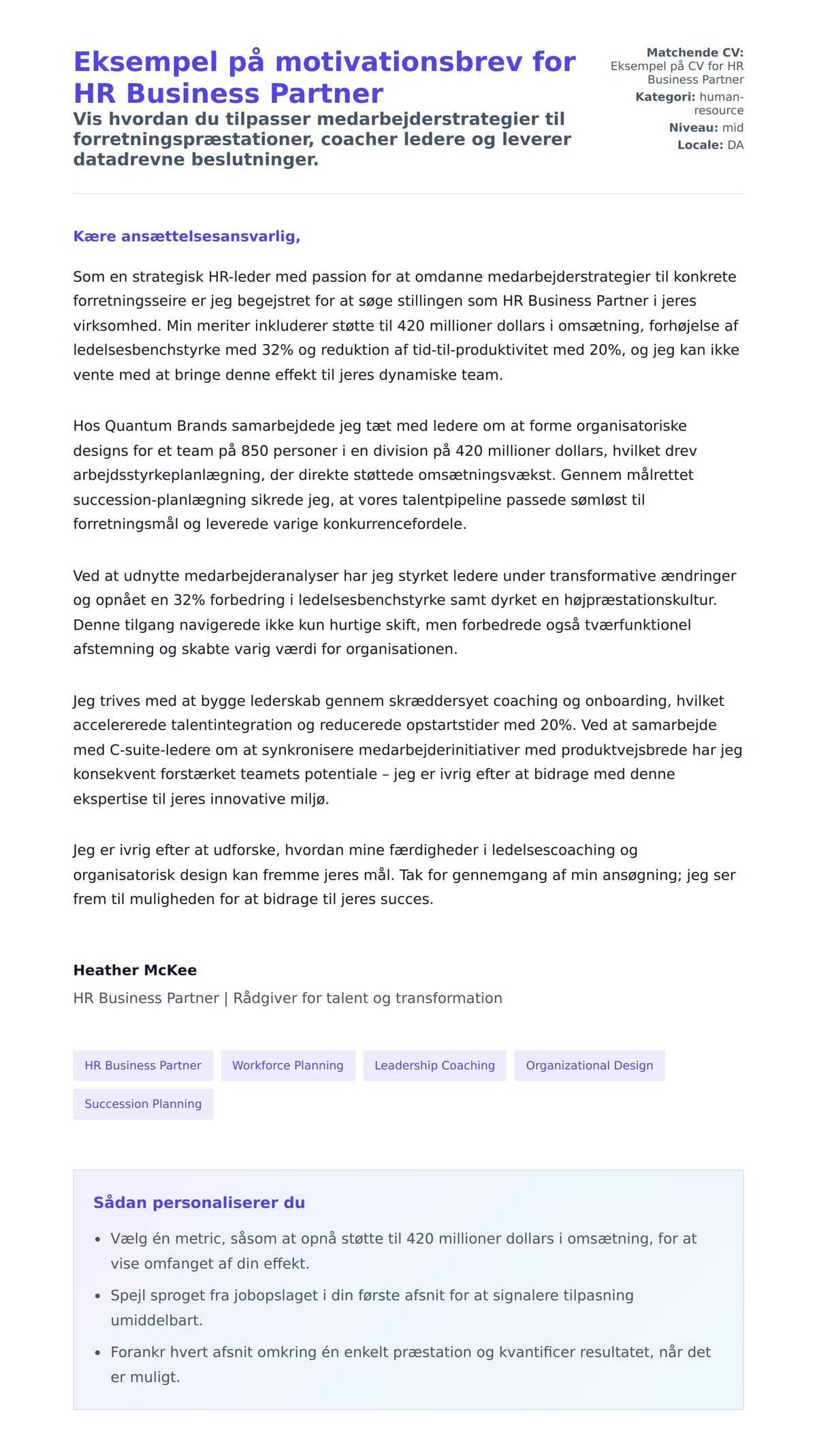 Ansøgningsbrev forhåndsvisning for Eksempel på motivationsbrev for HR Business Partner