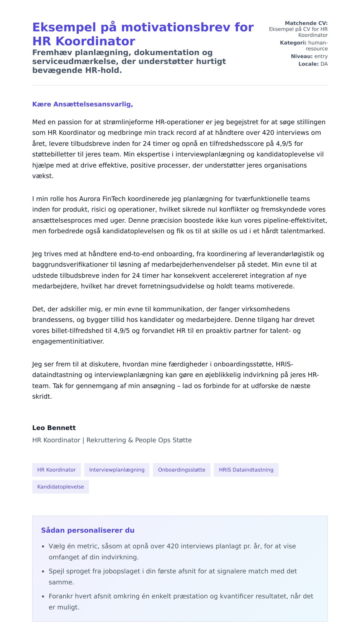 Ansøgningsbrev forhåndsvisning for Eksempel på motivationsbrev for HR Koordinator