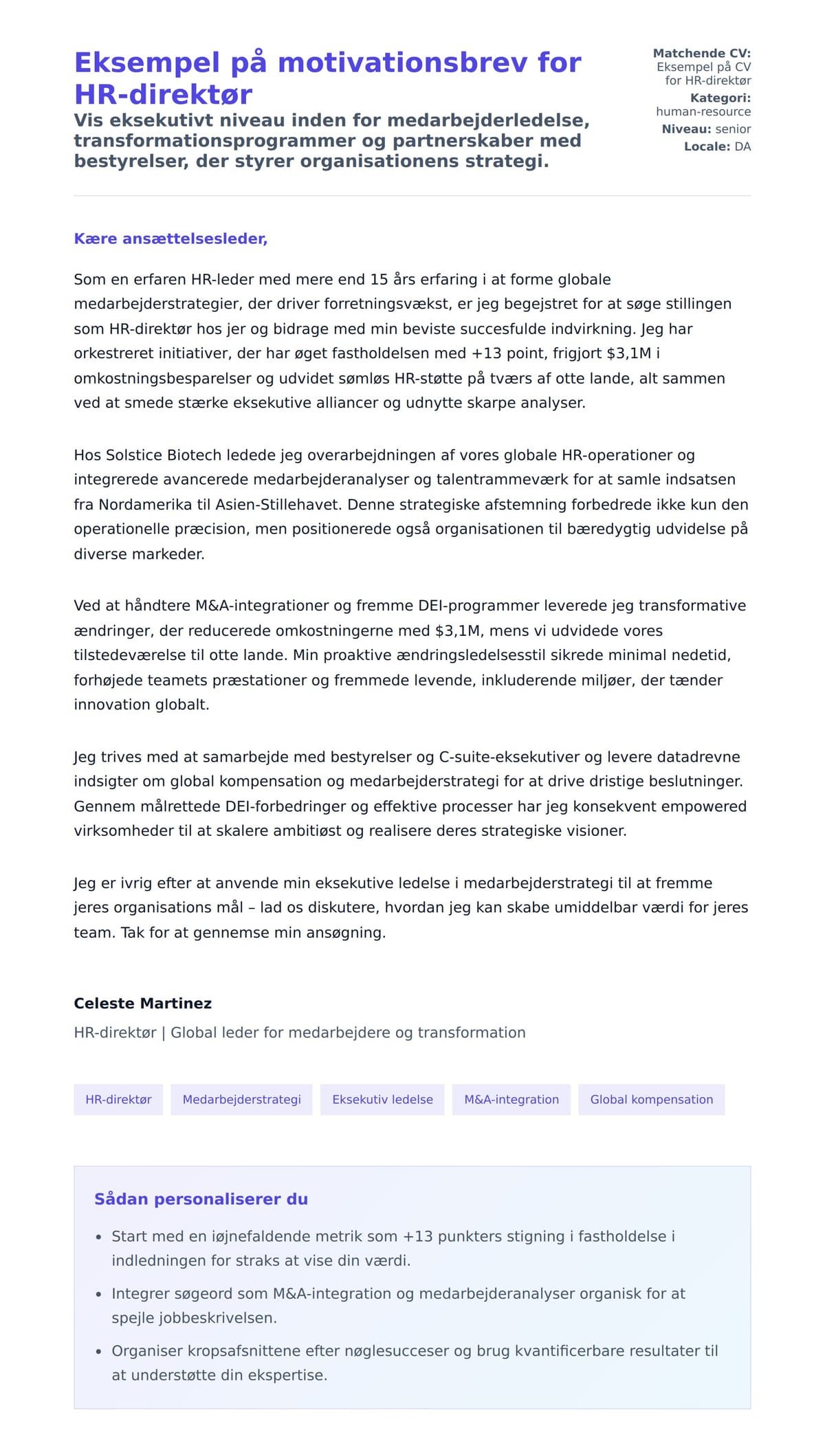 Ansøgningsbrev forhåndsvisning for Eksempel på motivationsbrev for HR-direktør