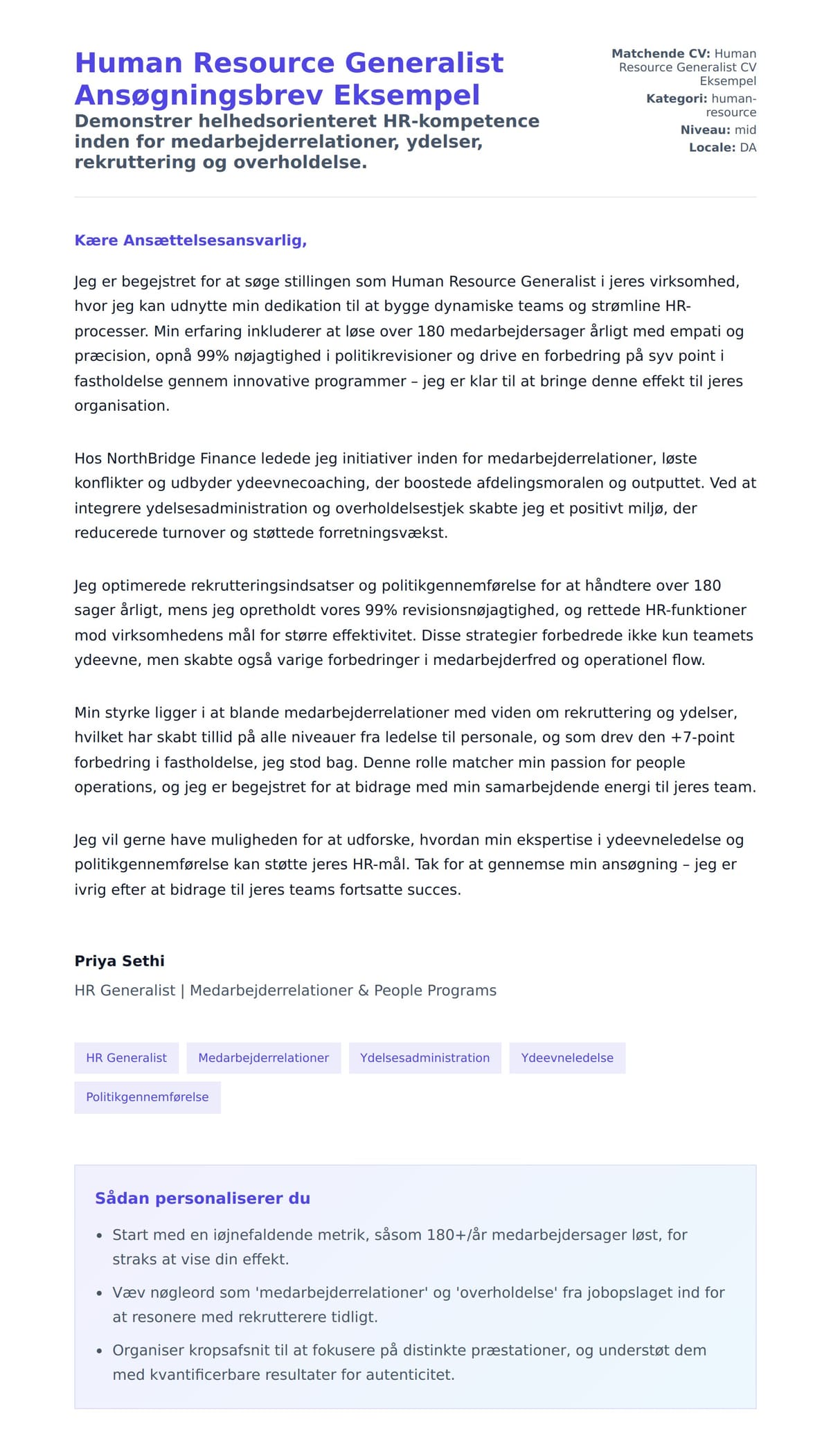 Ansøgningsbrev forhåndsvisning for Human Resource Generalist Ansøgningsbrev Eksempel