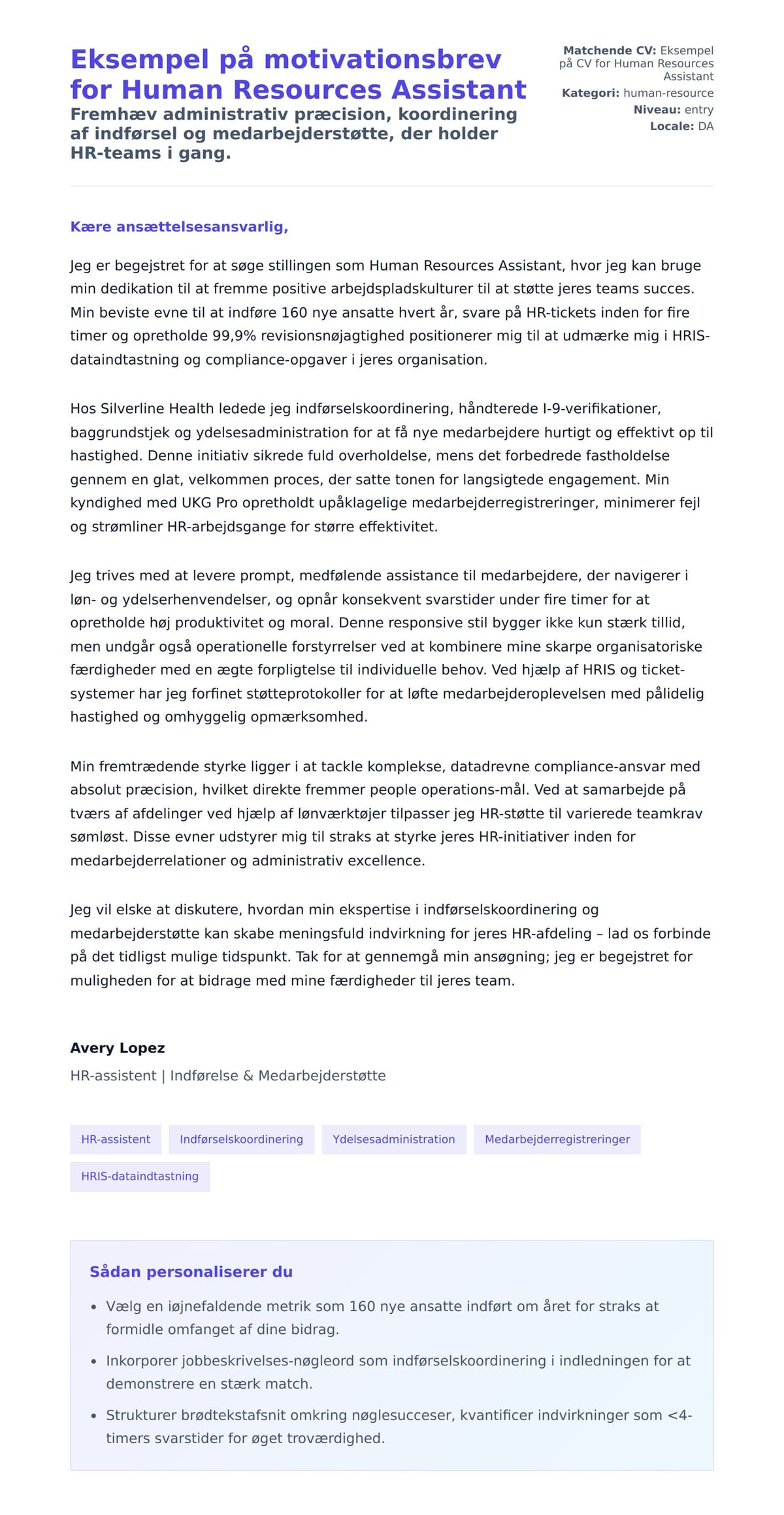 Ansøgningsbrev forhåndsvisning for Eksempel på motivationsbrev for Human Resources Assistant