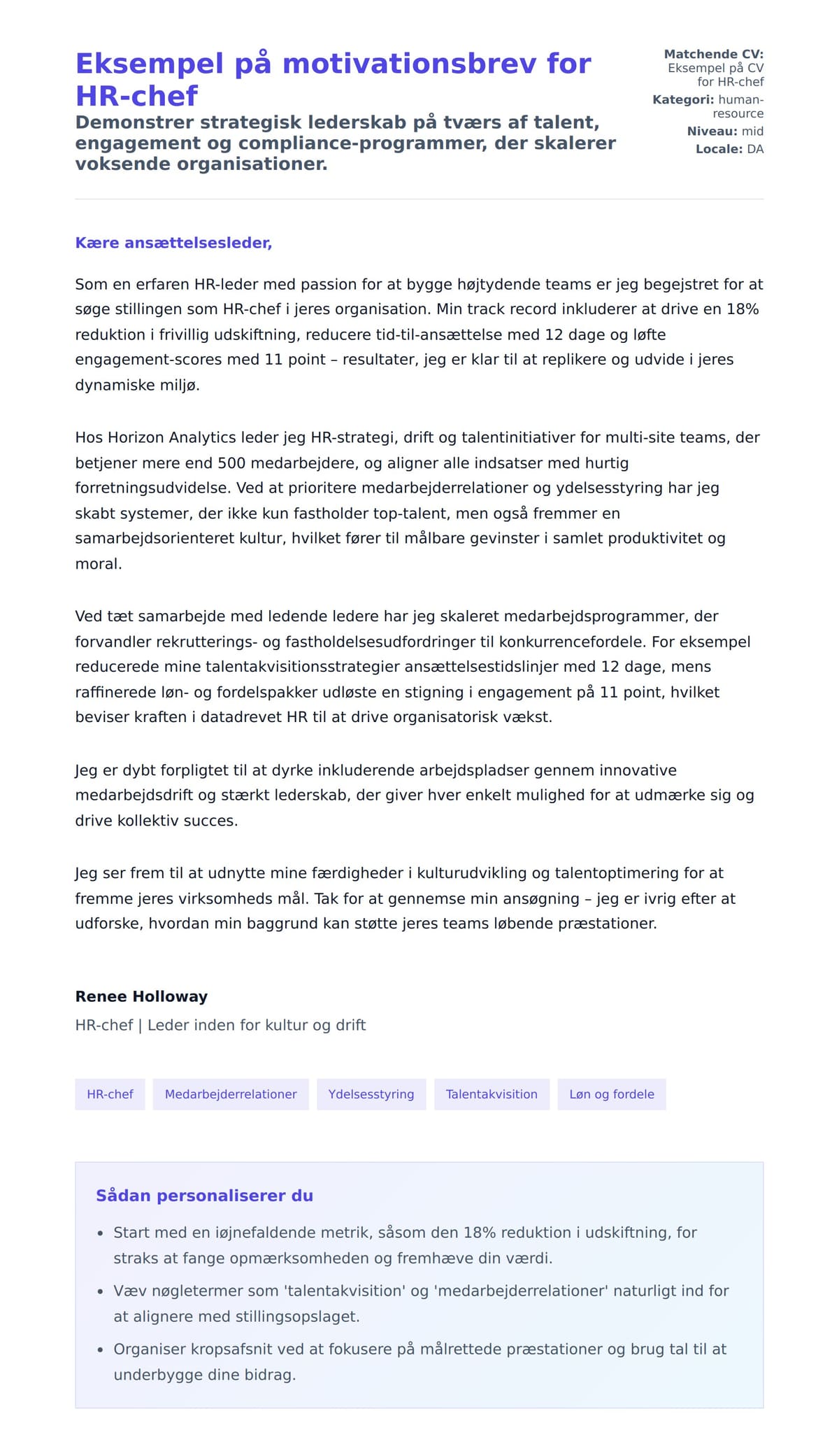 Ansøgningsbrev forhåndsvisning for Eksempel på motivationsbrev for HR-chef