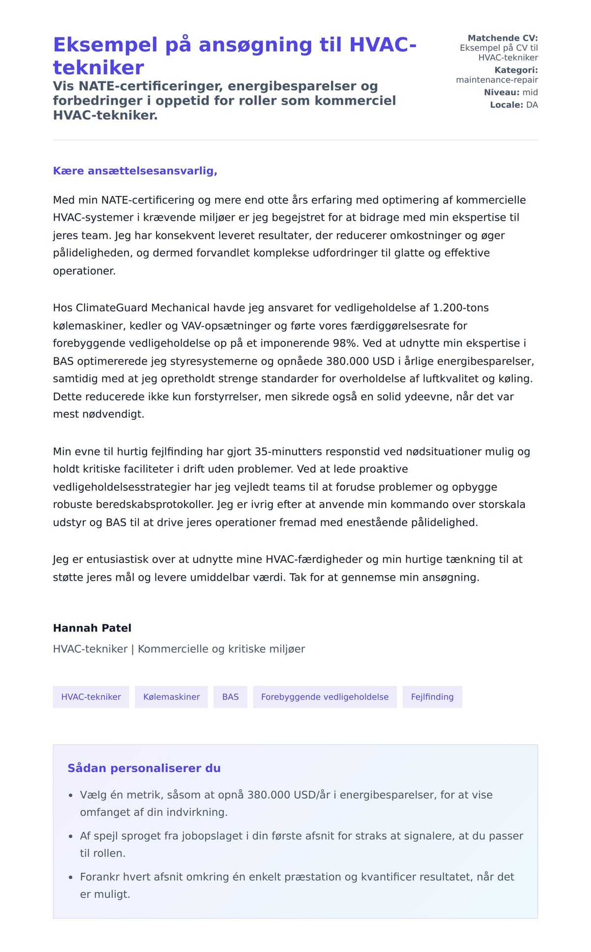 Ansøgningsbrev forhåndsvisning for Eksempel på ansøgning til HVAC-tekniker