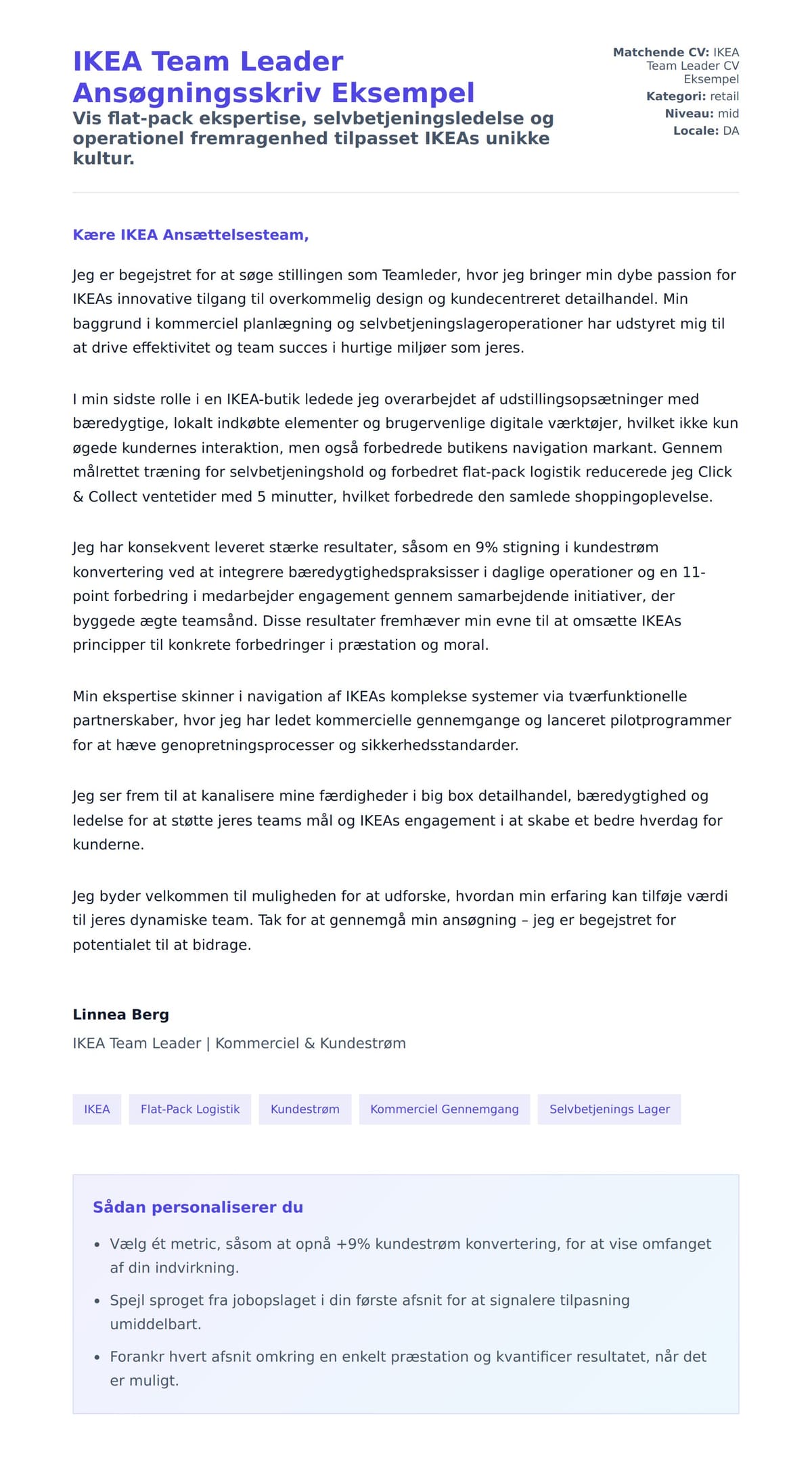 Ansøgningsbrev forhåndsvisning for IKEA Team Leader Ansøgningsskriv Eksempel