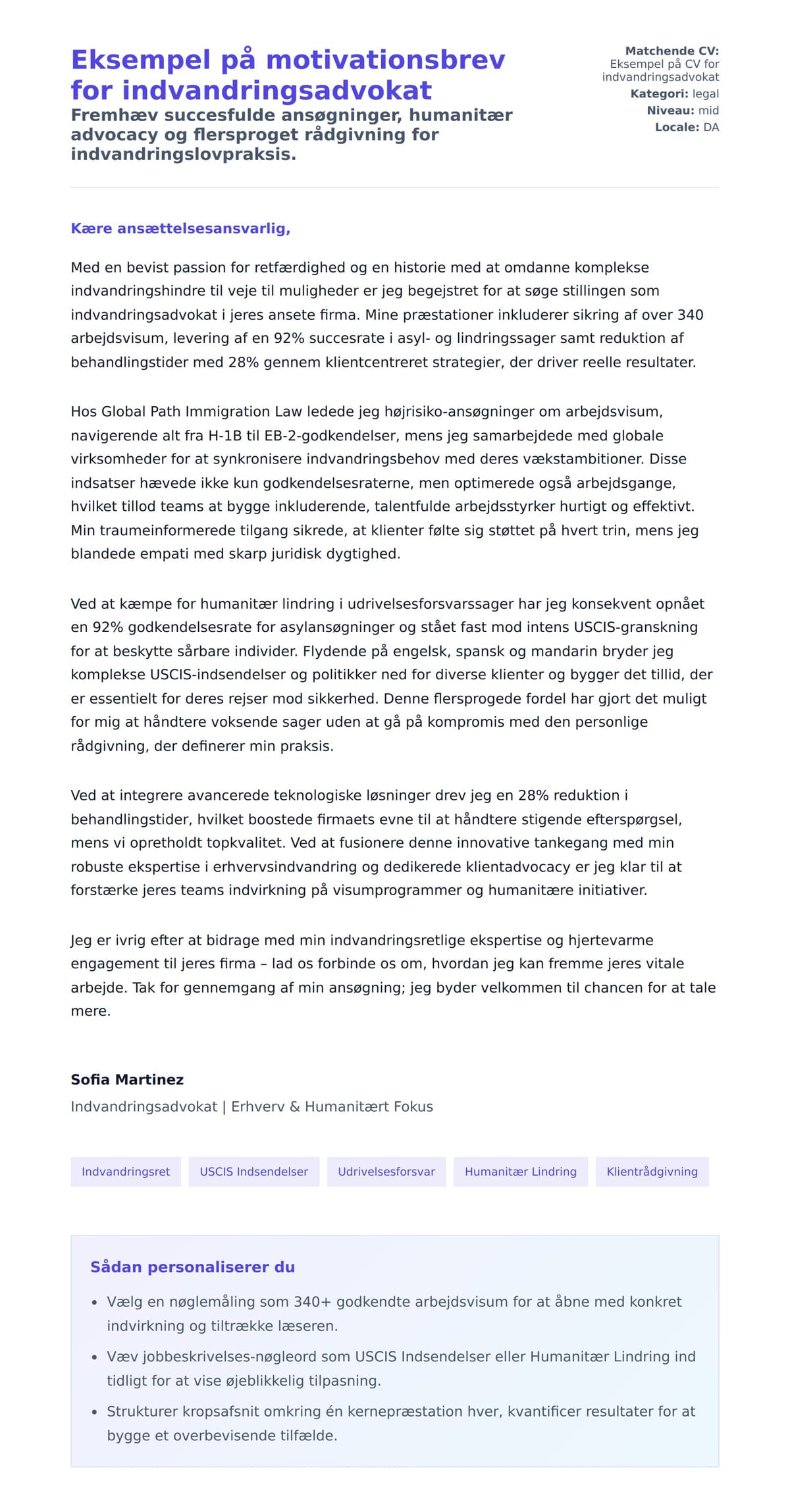 Ansøgningsbrev forhåndsvisning for Eksempel på motivationsbrev for indvandringsadvokat
