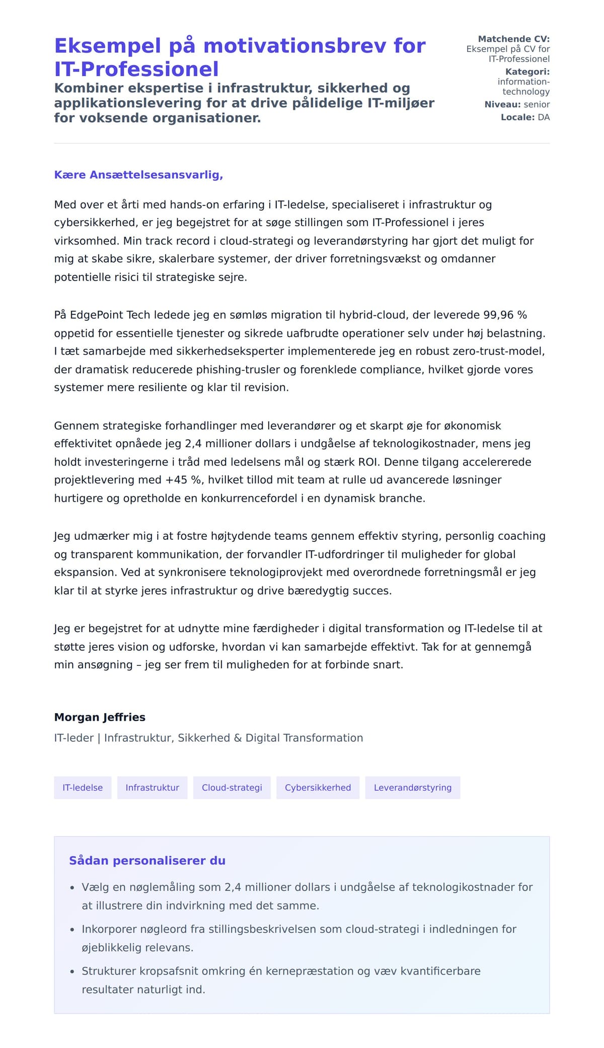 Ansøgningsbrev forhåndsvisning for Eksempel på motivationsbrev for IT-Professionel
