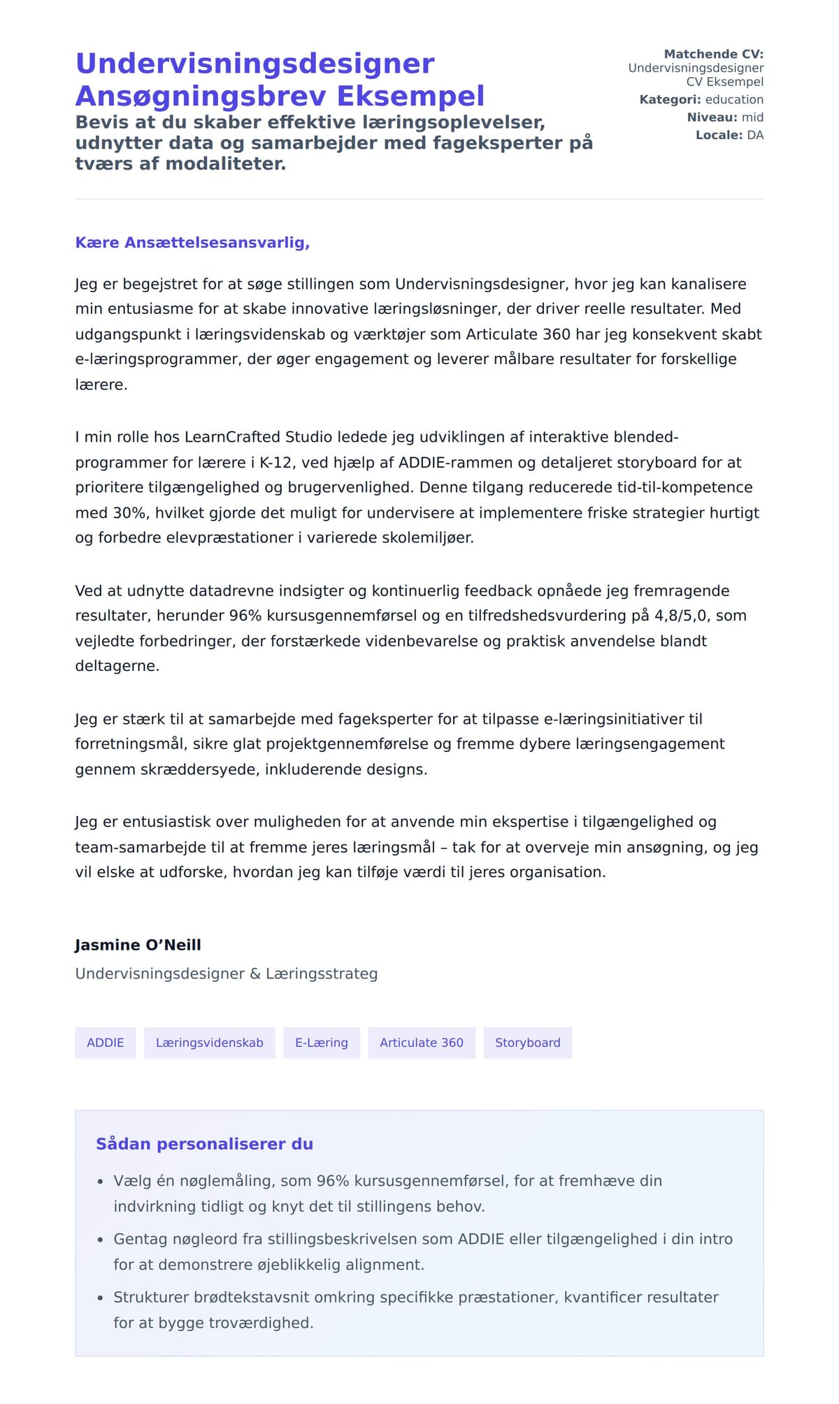 Ansøgningsbrev forhåndsvisning for Undervisningsdesigner Ansøgningsbrev Eksempel