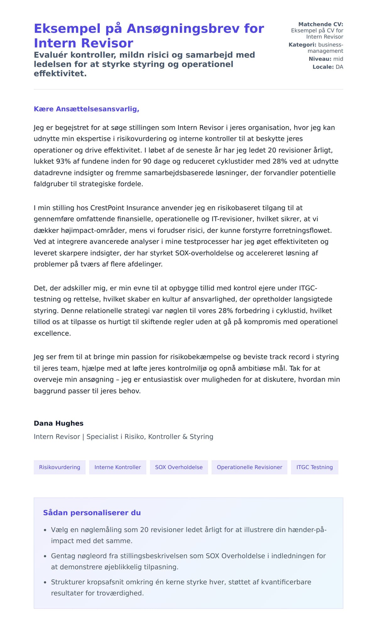 Ansøgningsbrev forhåndsvisning for Eksempel på Ansøgningsbrev for Intern Revisor