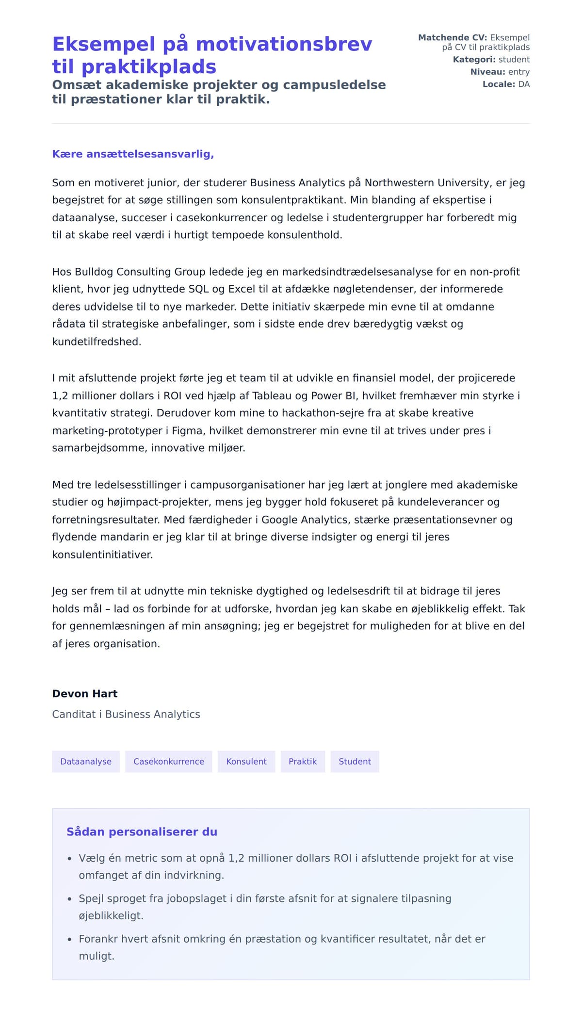 Ansøgningsbrev forhåndsvisning for Eksempel på motivationsbrev til praktikplads