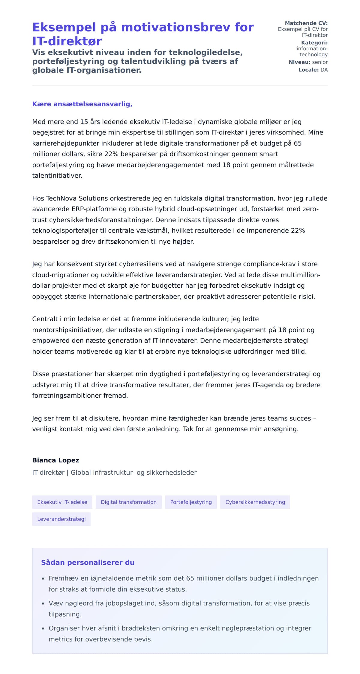 Ansøgningsbrev forhåndsvisning for Eksempel på motivationsbrev for IT-direktør