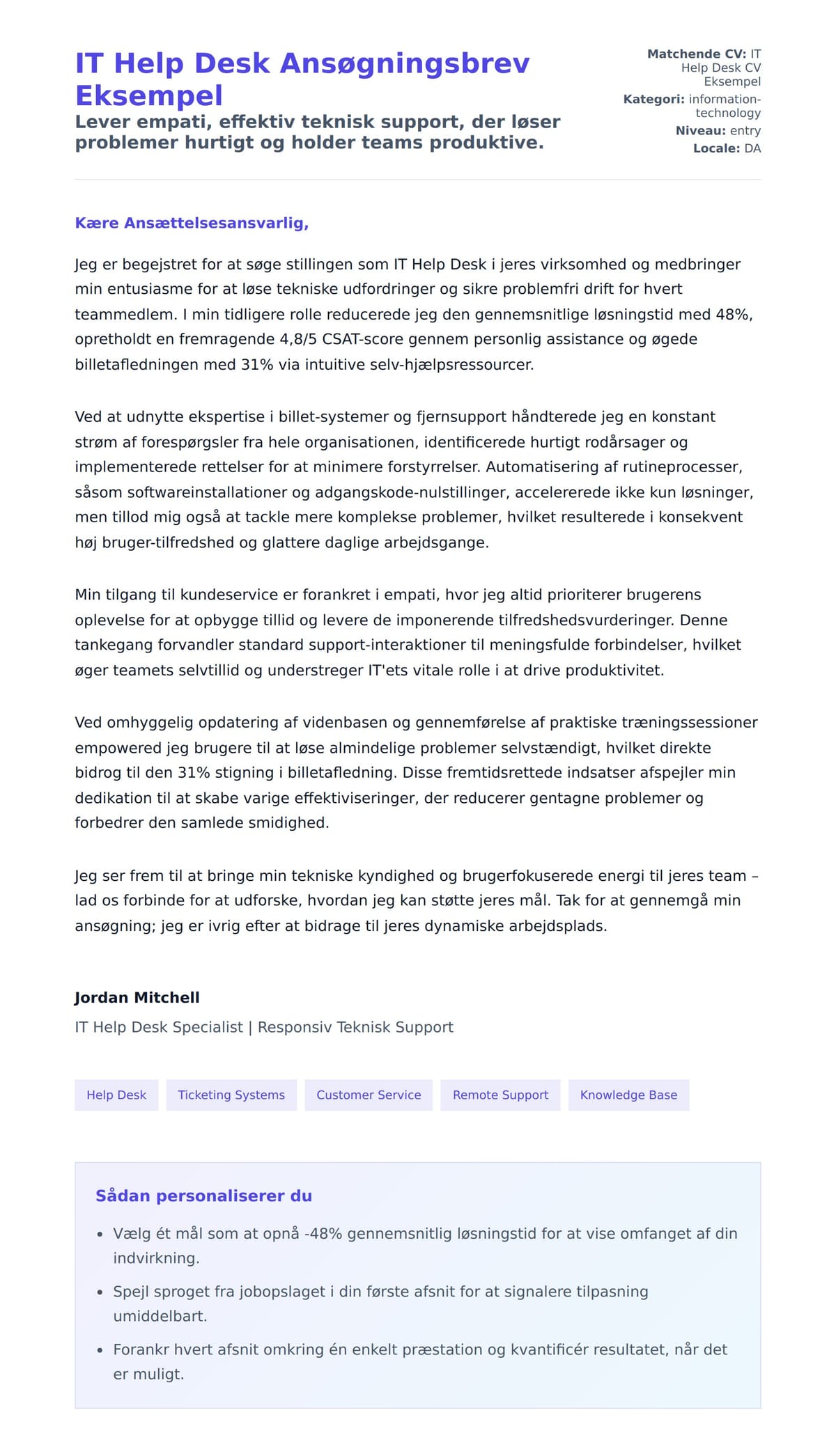 Ansøgningsbrev forhåndsvisning for IT Help Desk Ansøgningsbrev Eksempel