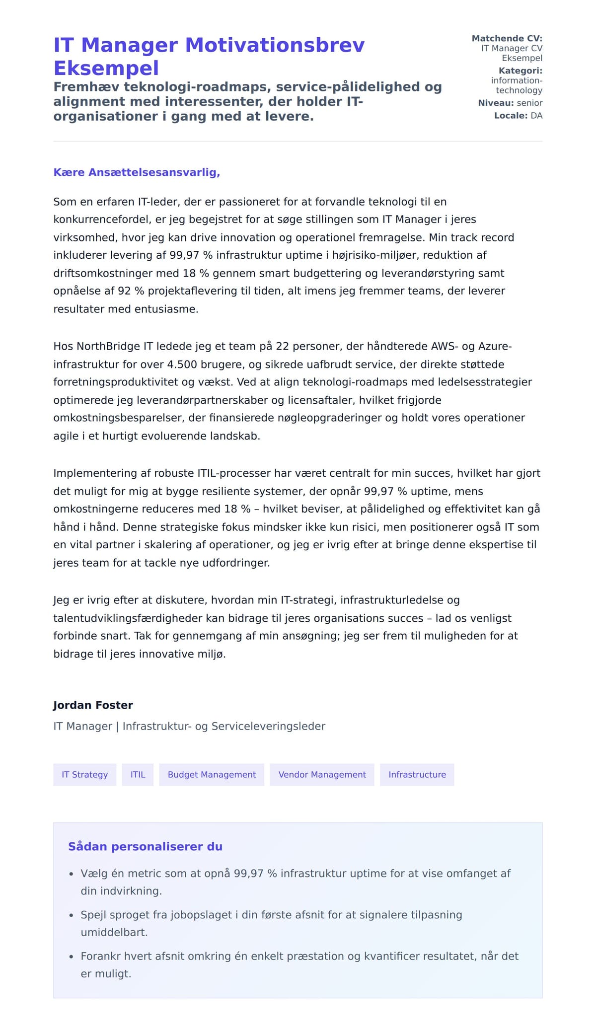 Ansøgningsbrev forhåndsvisning for IT Manager Motivationsbrev Eksempel