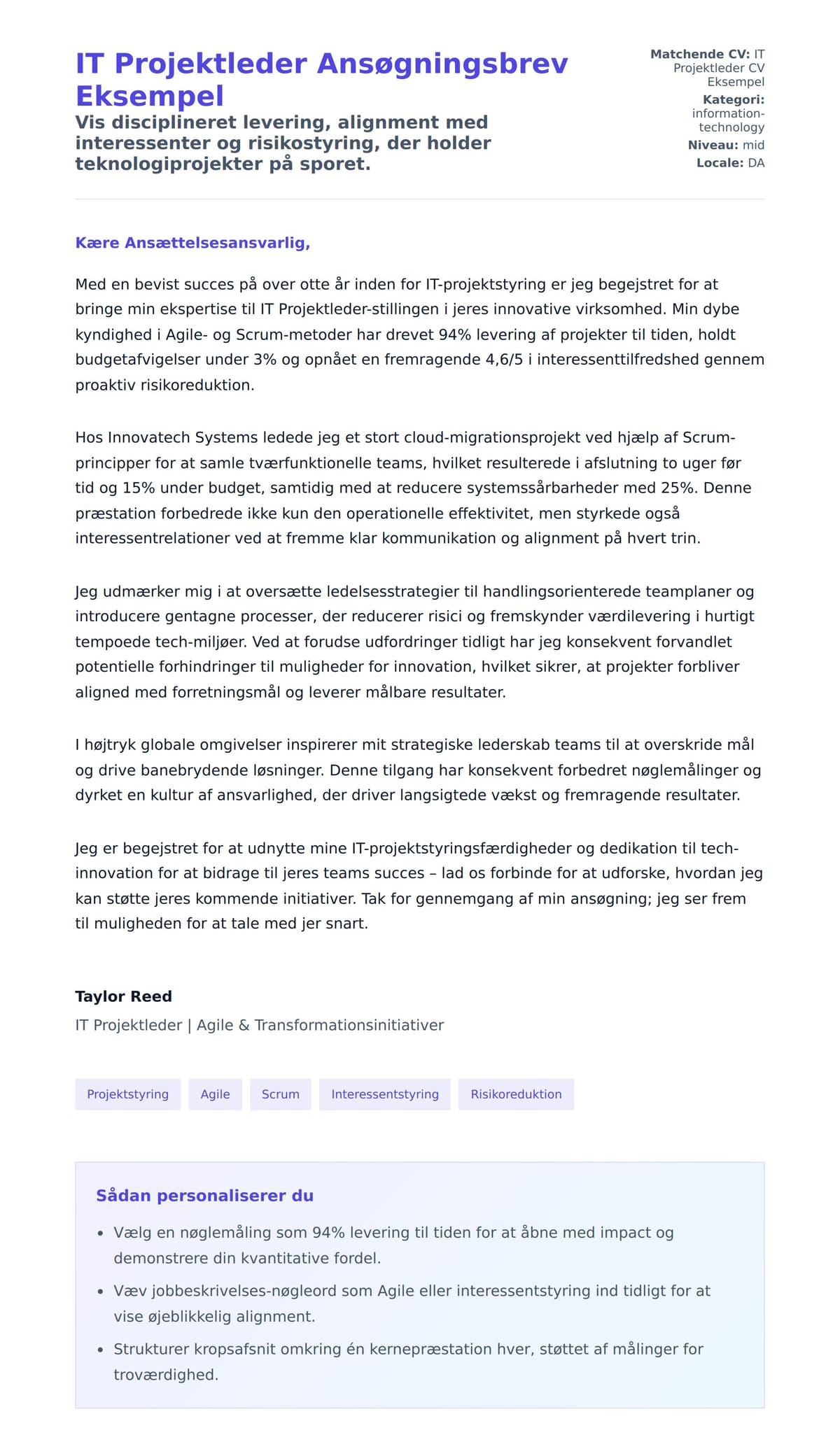Ansøgningsbrev forhåndsvisning for IT Projektleder Ansøgningsbrev Eksempel