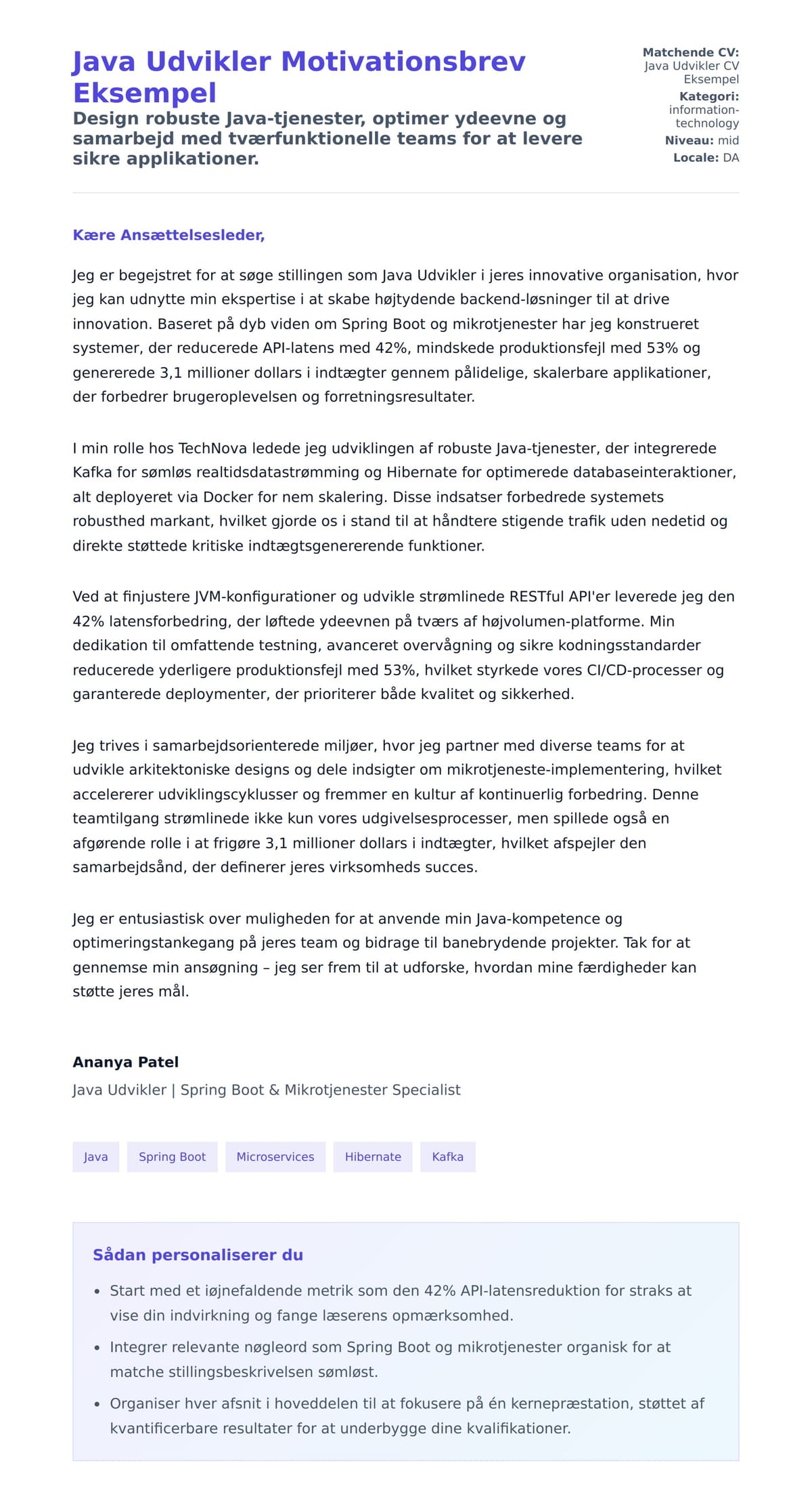 Ansøgningsbrev forhåndsvisning for Java Udvikler Motivationsbrev Eksempel