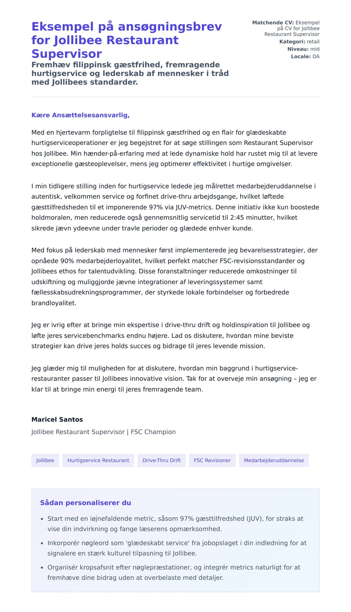 Ansøgningsbrev forhåndsvisning for Eksempel på ansøgningsbrev for Jollibee Restaurant Supervisor