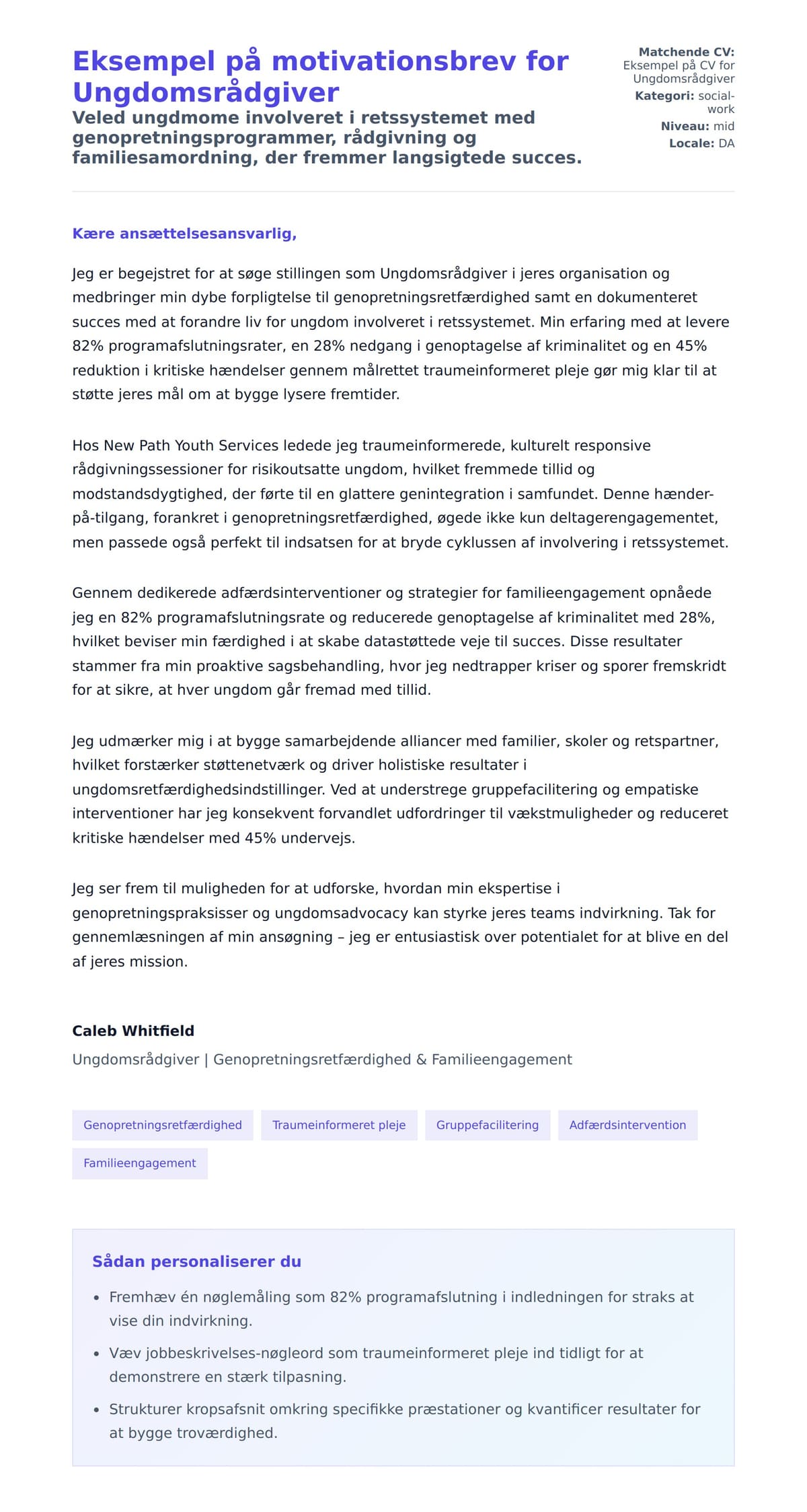 Ansøgningsbrev forhåndsvisning for Eksempel på motivationsbrev for Ungdomsrådgiver