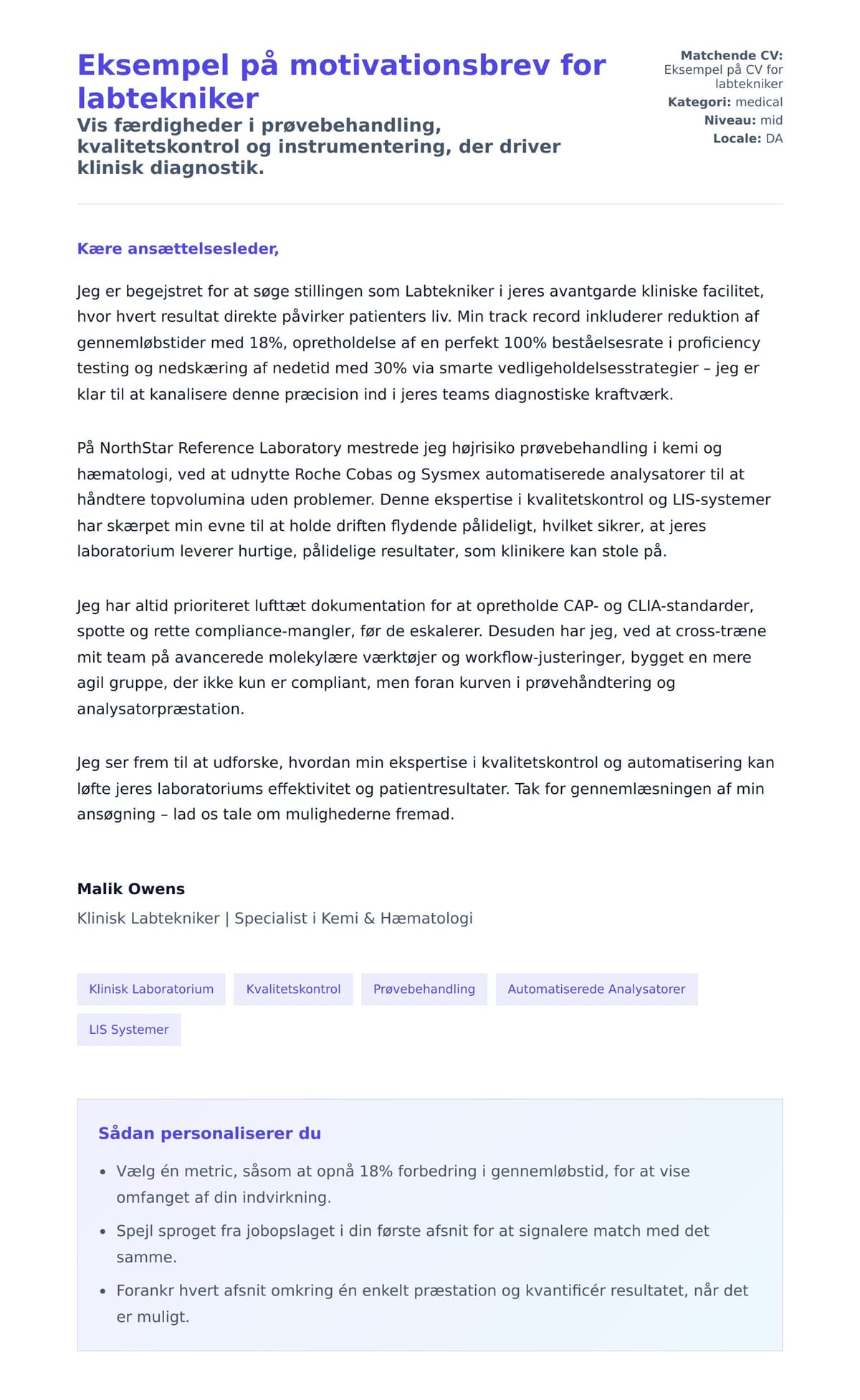 Ansøgningsbrev forhåndsvisning for Eksempel på motivationsbrev for labtekniker