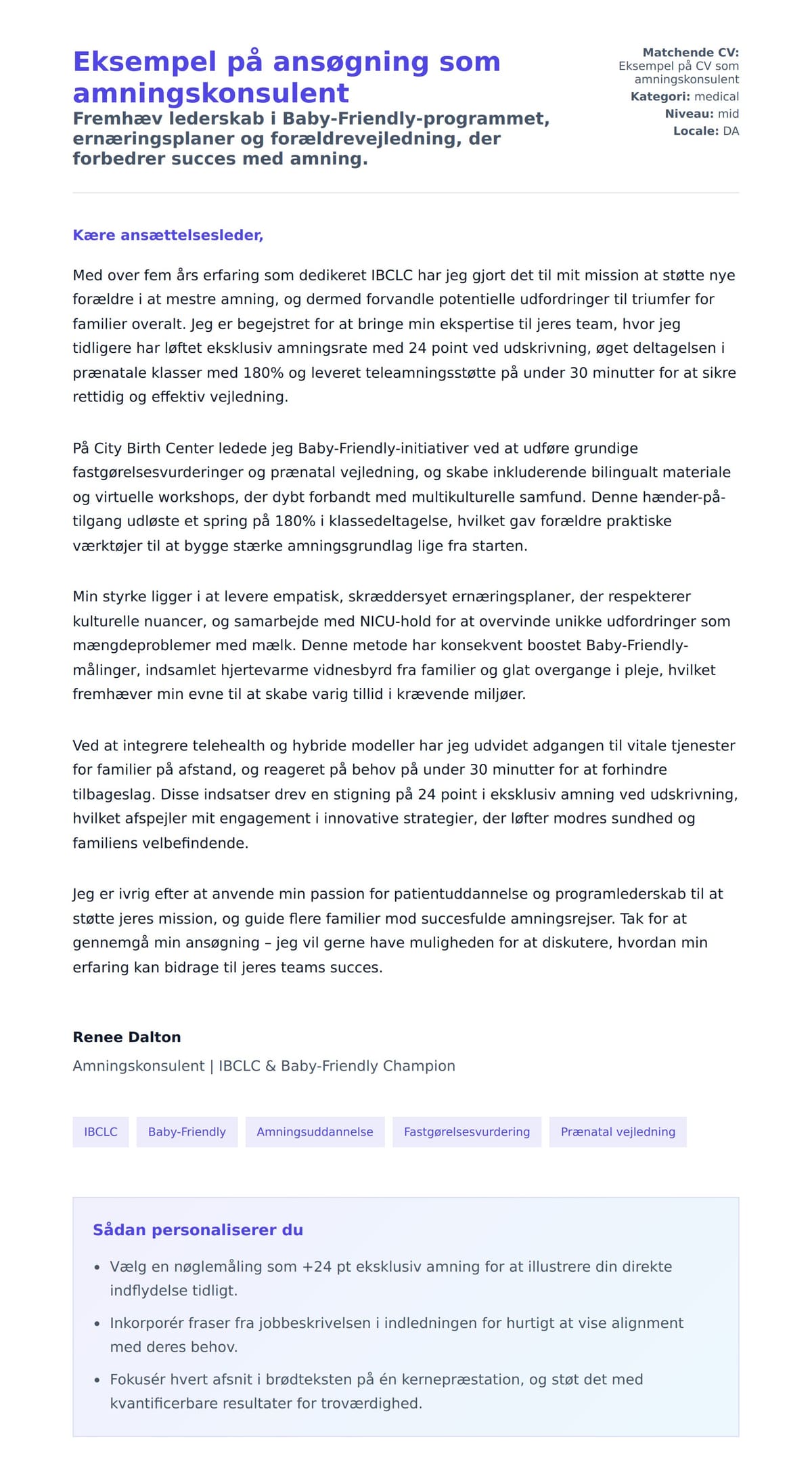 Ansøgningsbrev forhåndsvisning for Eksempel på ansøgning som amningskonsulent