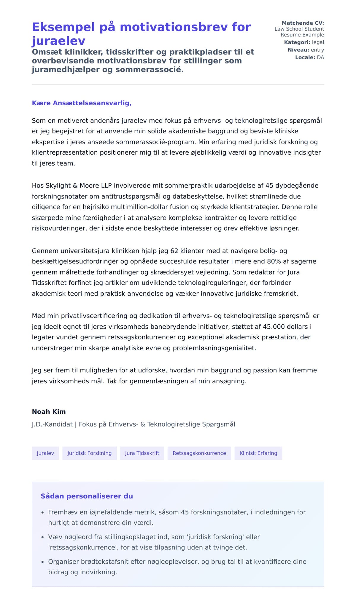 Ansøgningsbrev forhåndsvisning for Eksempel på motivationsbrev for juraelev