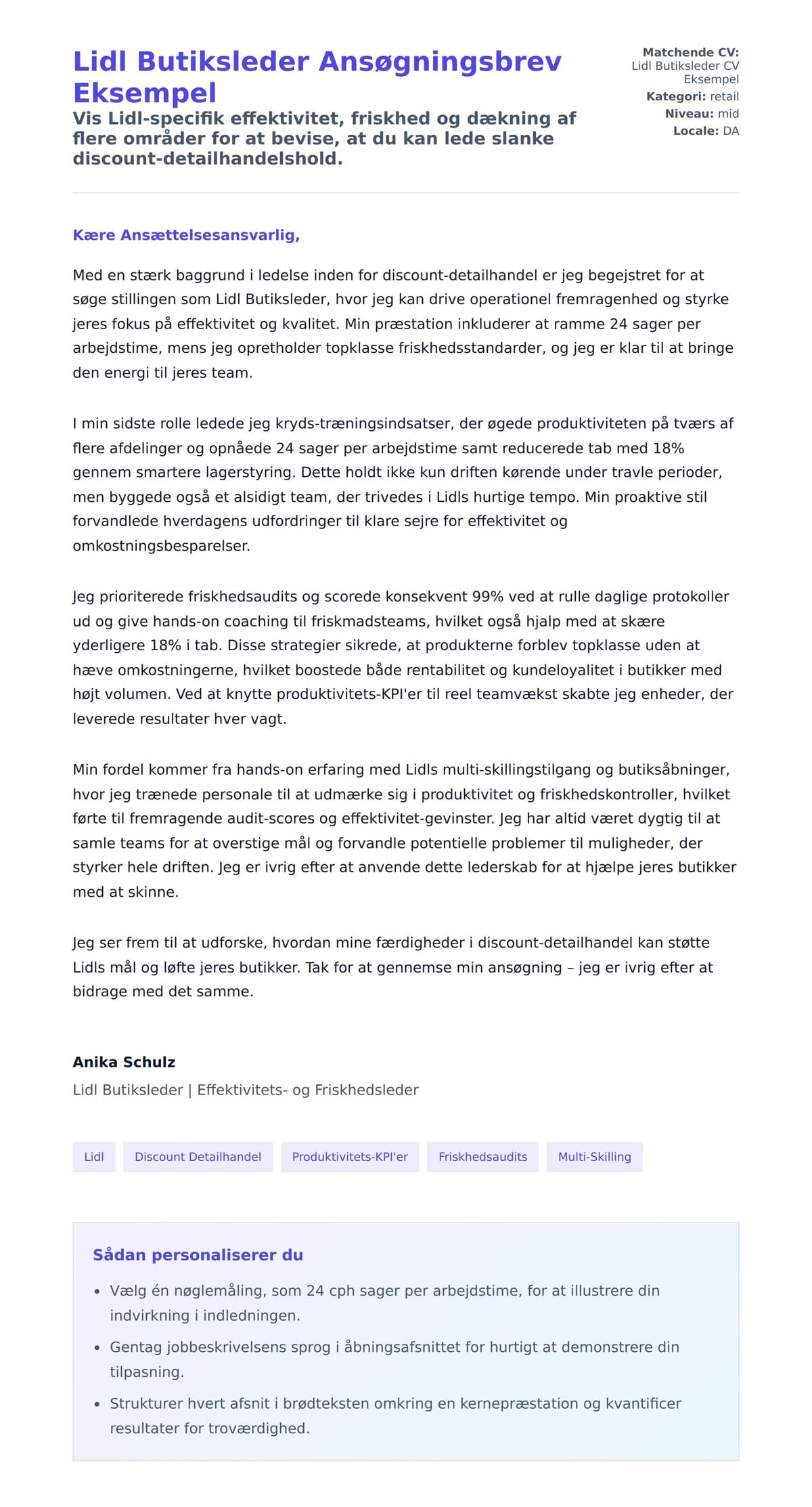 Ansøgningsbrev forhåndsvisning for Lidl Butiksleder Ansøgningsbrev Eksempel