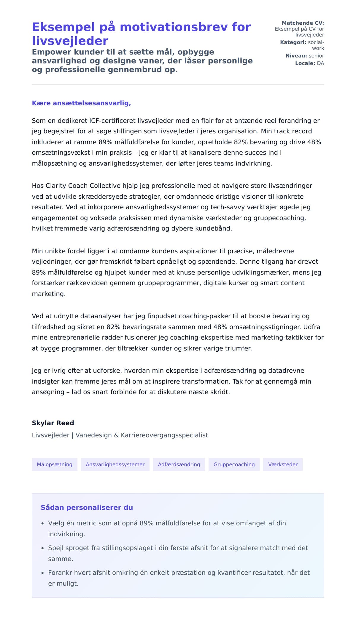Ansøgningsbrev forhåndsvisning for Eksempel på motivationsbrev for livsvejleder