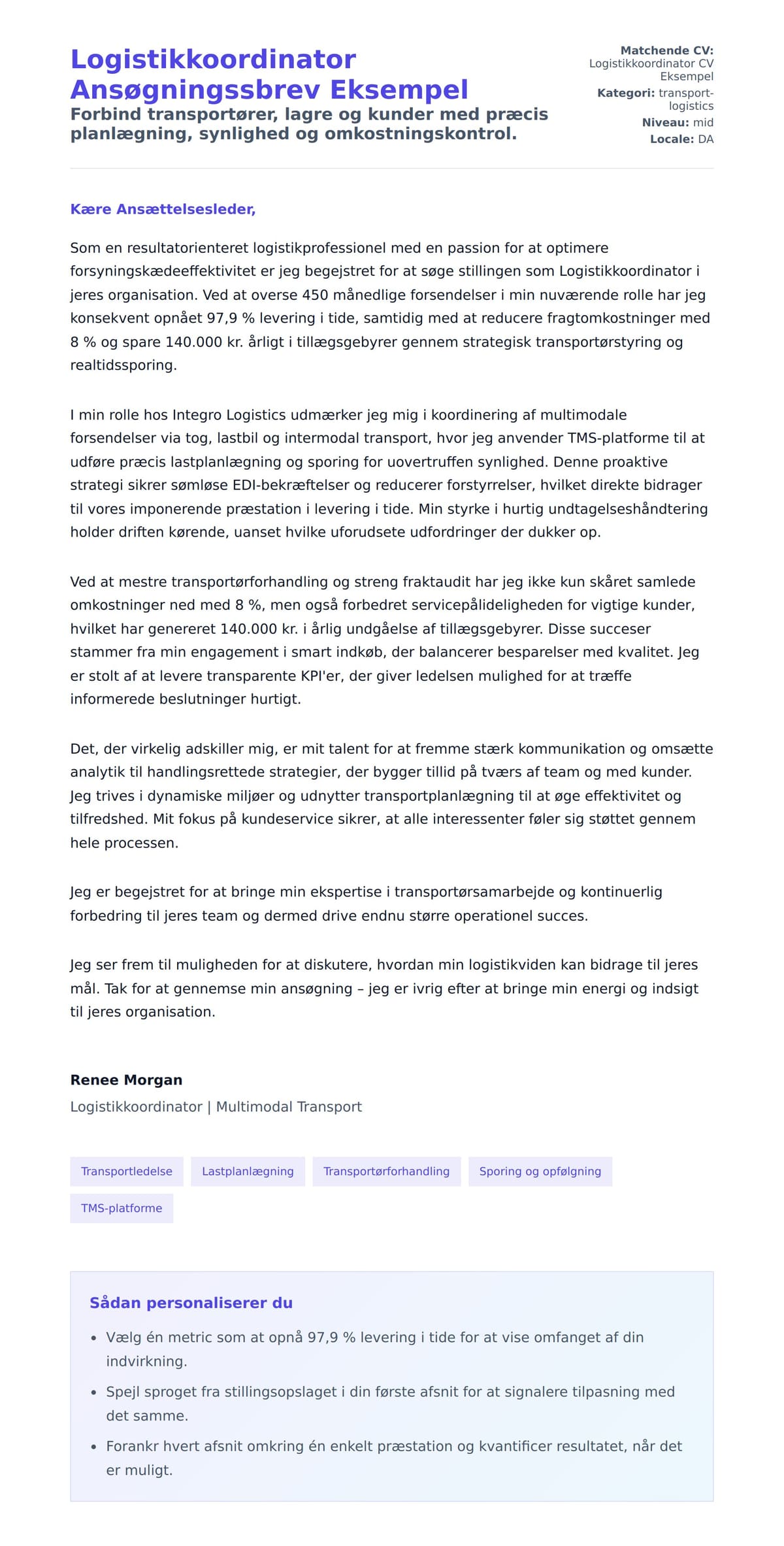 Ansøgningsbrev forhåndsvisning for Logistikkoordinator Ansøgningssbrev Eksempel
