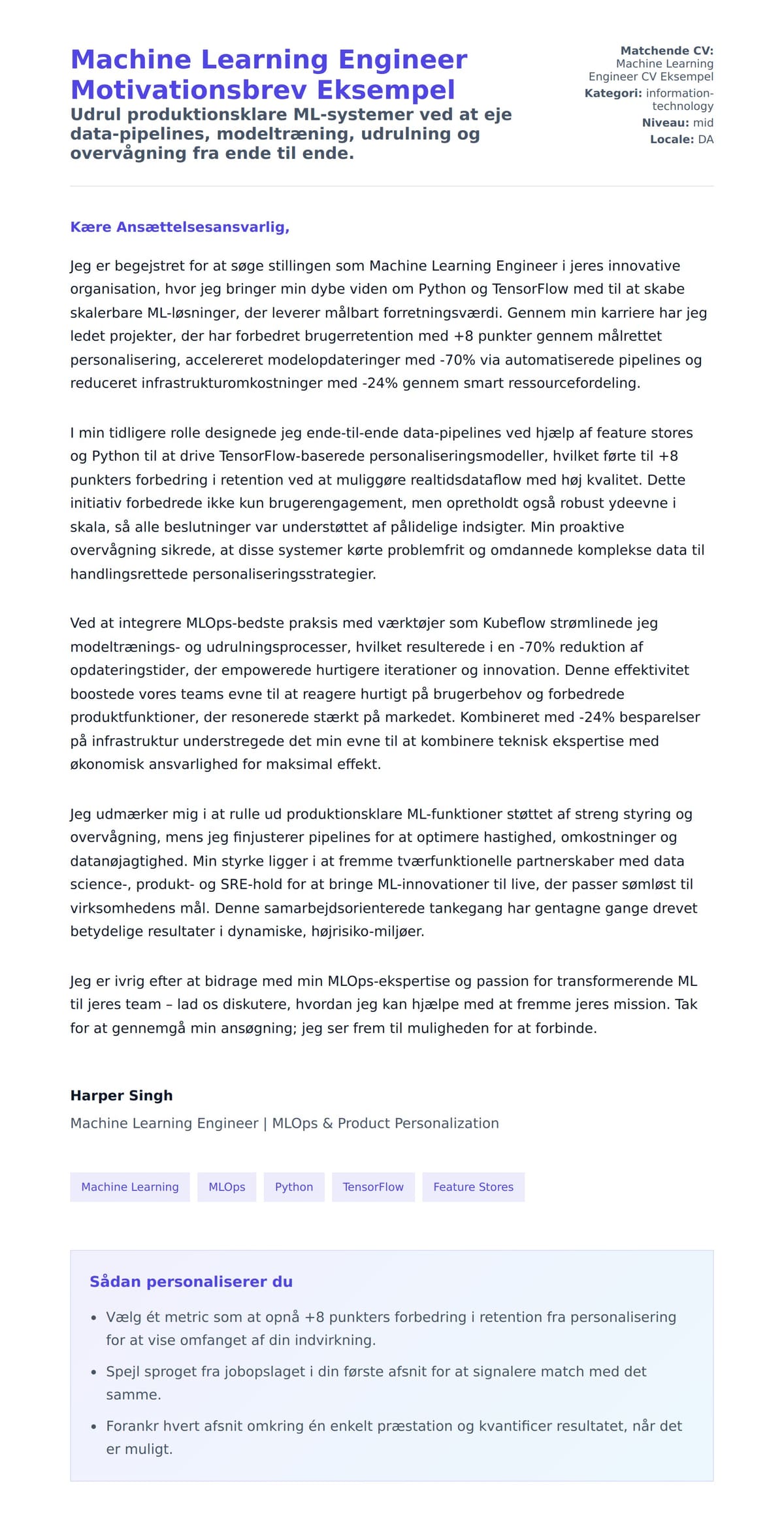 Ansøgningsbrev forhåndsvisning for Machine Learning Engineer Motivationsbrev Eksempel